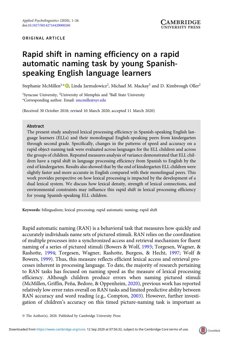 Rapid shift in naming efficiency on a rapid automatic naming task by young Spanish-speaking English language learners by Unknown