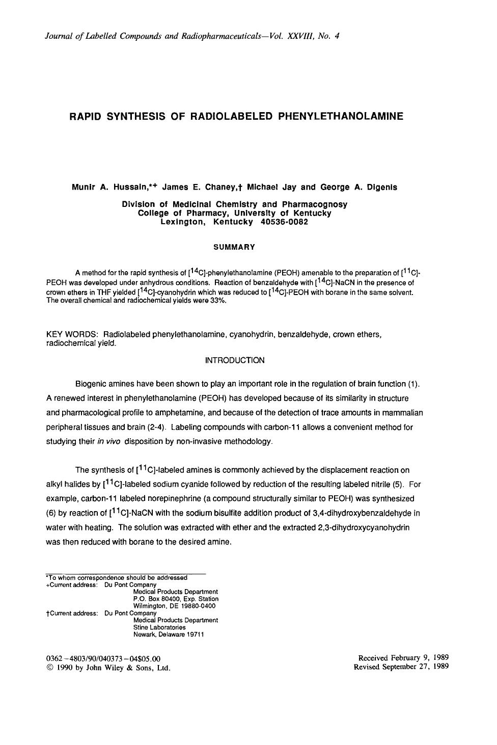 Rapid synthesis of radiolabeled phenylethanolamine by Unknown