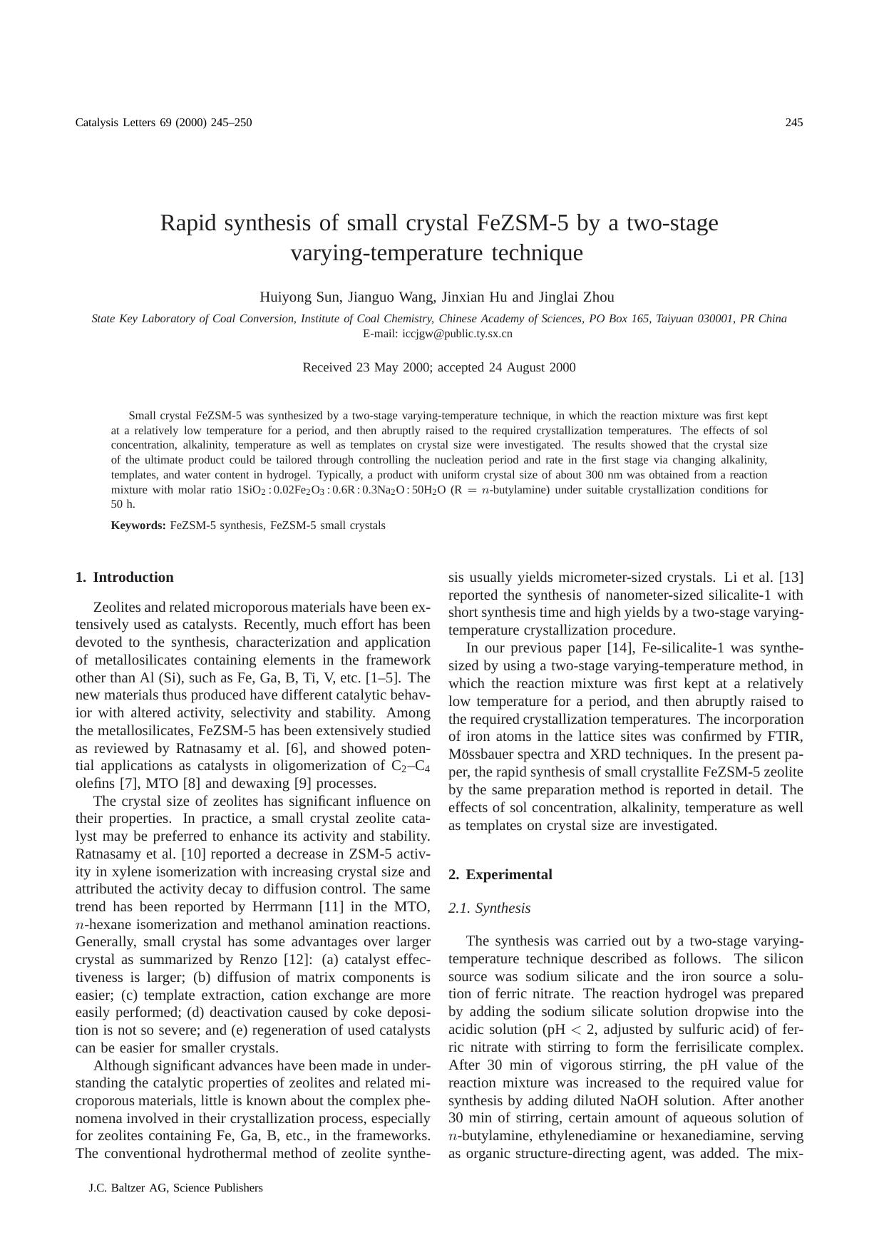 Rapid synthesis of small crystal FeZSM‐5 by a two‐stage varying‐temperature technique by Unknown