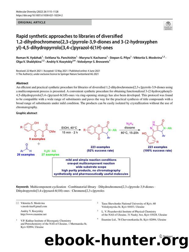 Rapid synthetic approaches to libraries of diversified 1,2-dihydrochromeno[2,3-c]pyrrole-3,9-diones and 3-(2-hydroxyphenyl)-4,5-dihydropyrrolo[3,4-c]pyrazol-6(1H)-ones by unknow
