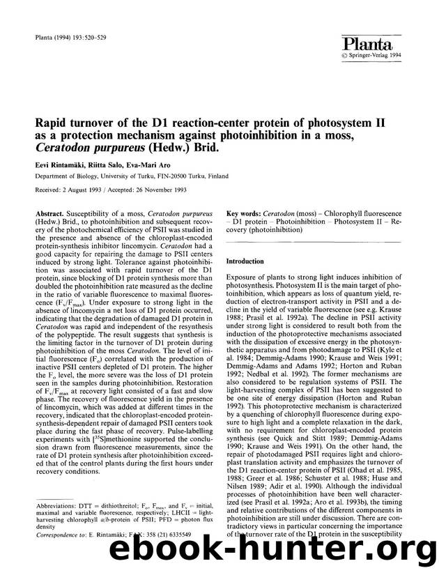 Rapid turnover of the D1 reaction-center protein of photosystem II as a protection mechanism against photoinhibition in a moss, <Emphasis Type="Italic">Ceratodon purpureus <Emphasis> (Hedw.) Brid. by Unknown