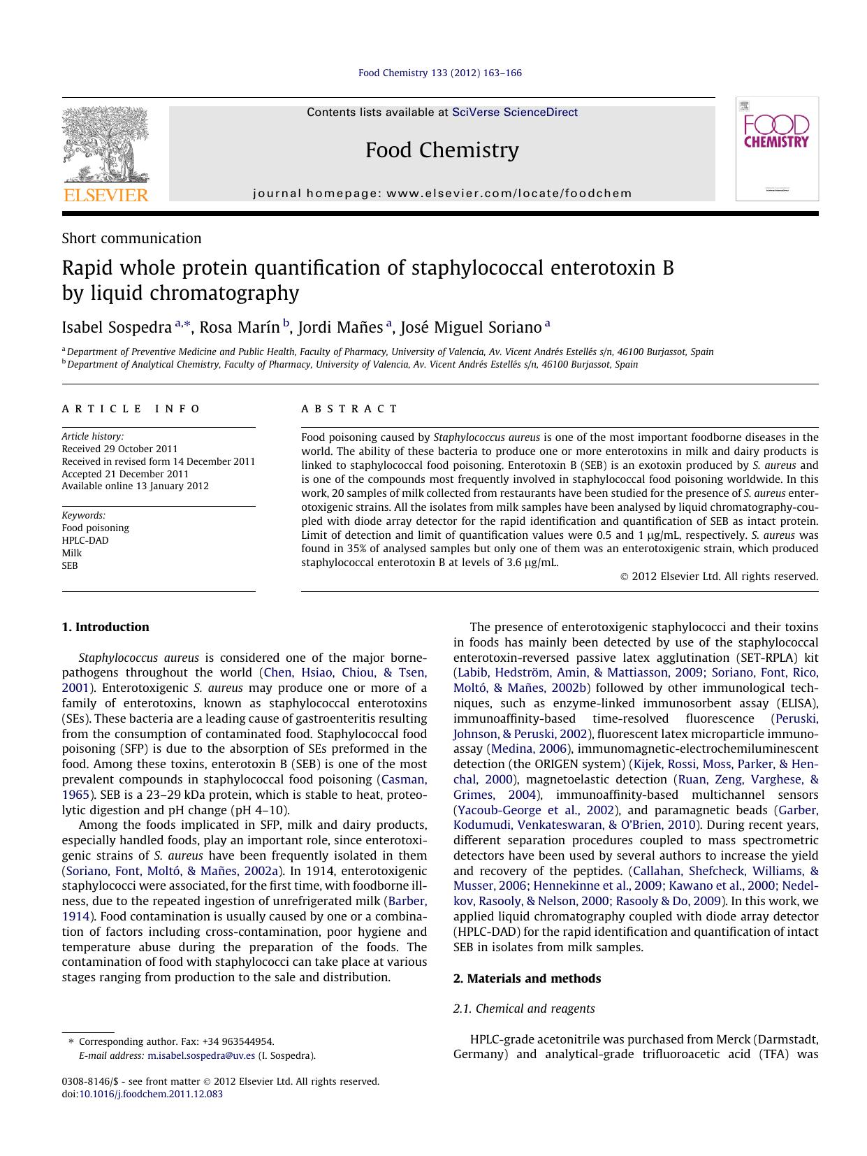 Rapid whole protein quantification of staphylococcal enterotoxin B by liquid chromatography by Isabel Sospedra & Rosa Marín & Jordi Mañes & José Miguel Soriano