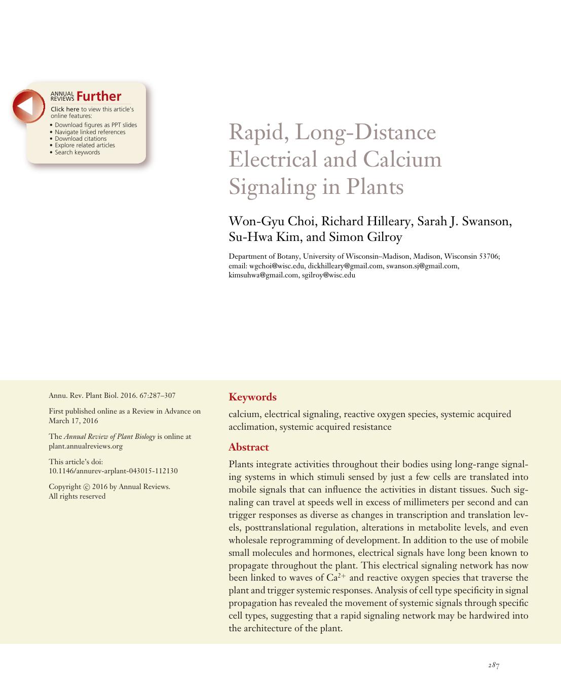 Rapid, Long-Distance Electrical and Calcium Signaling in Plants by Won-Gyu Choi Richard Hilleary Sarah J. Swanson Su-Hwa Kim and Simon Gilroy