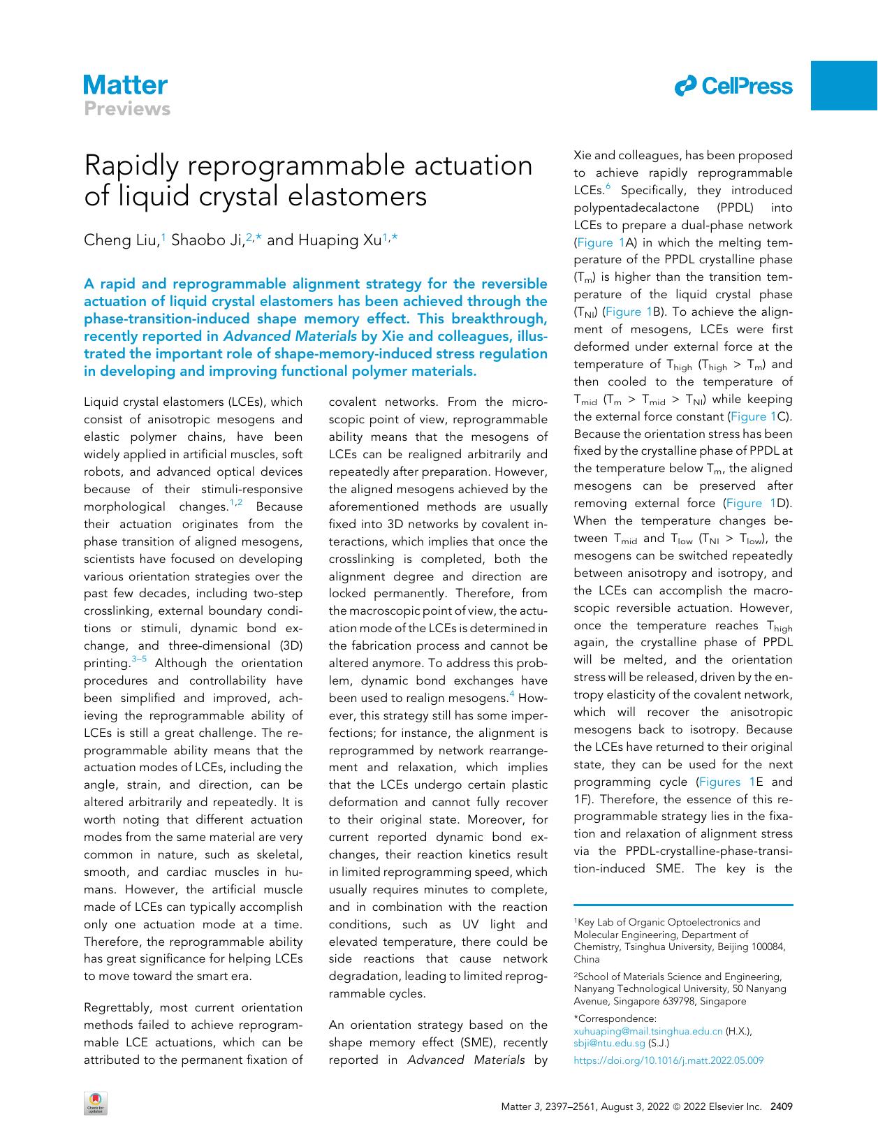 Rapidly reprogrammable actuation of liquid crystal elastomers by Cheng Liu & Shaobo Ji & Huaping Xu