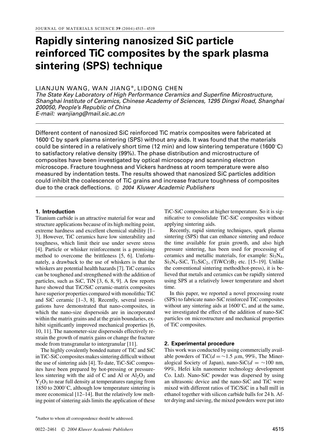 Rapidly sintering nanosized SiC particle reinforced TiC composites by the spark plasma sintering (SPS) technique by Unknown