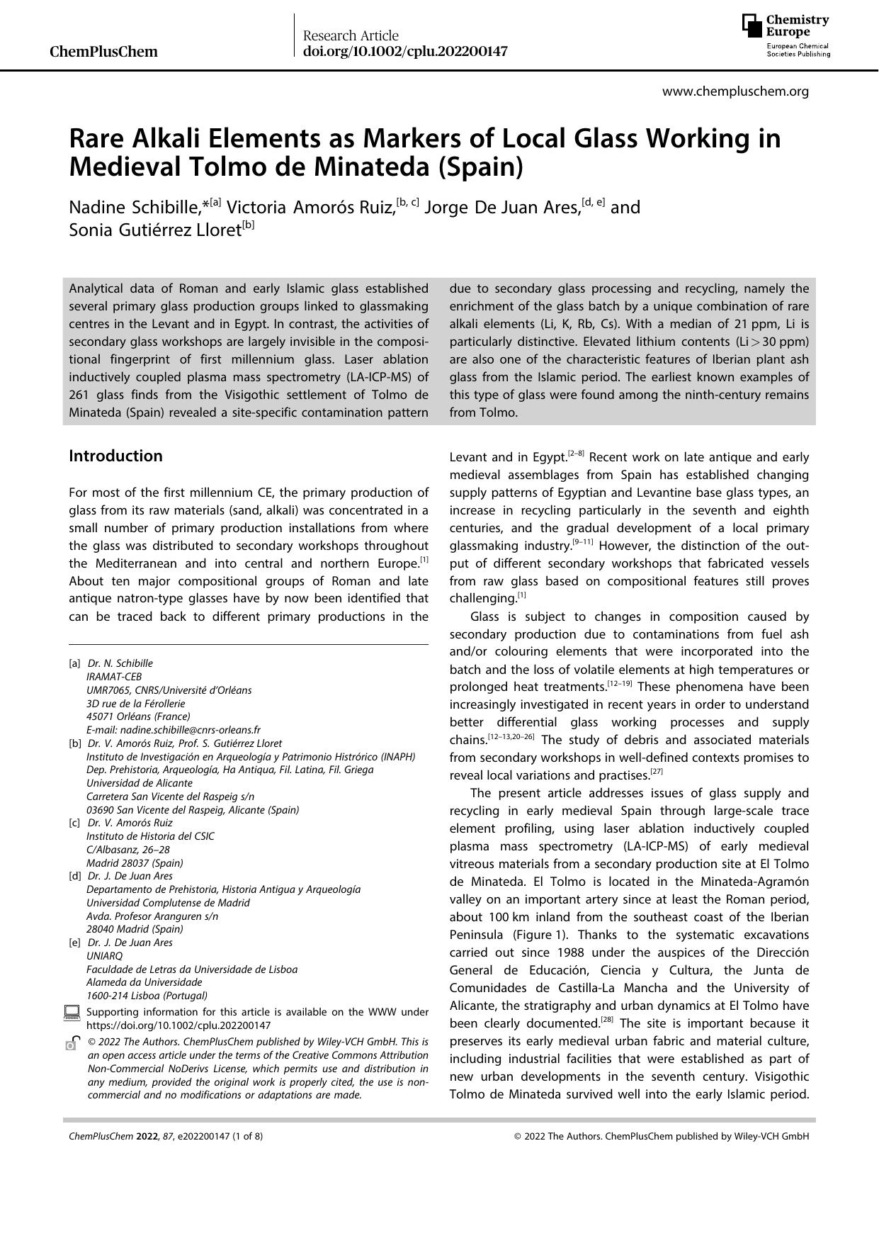 Rare Alkali Elements as Markers of Local Glass Working in Medieval Tolmo de Minateda (Spain) by Unknown