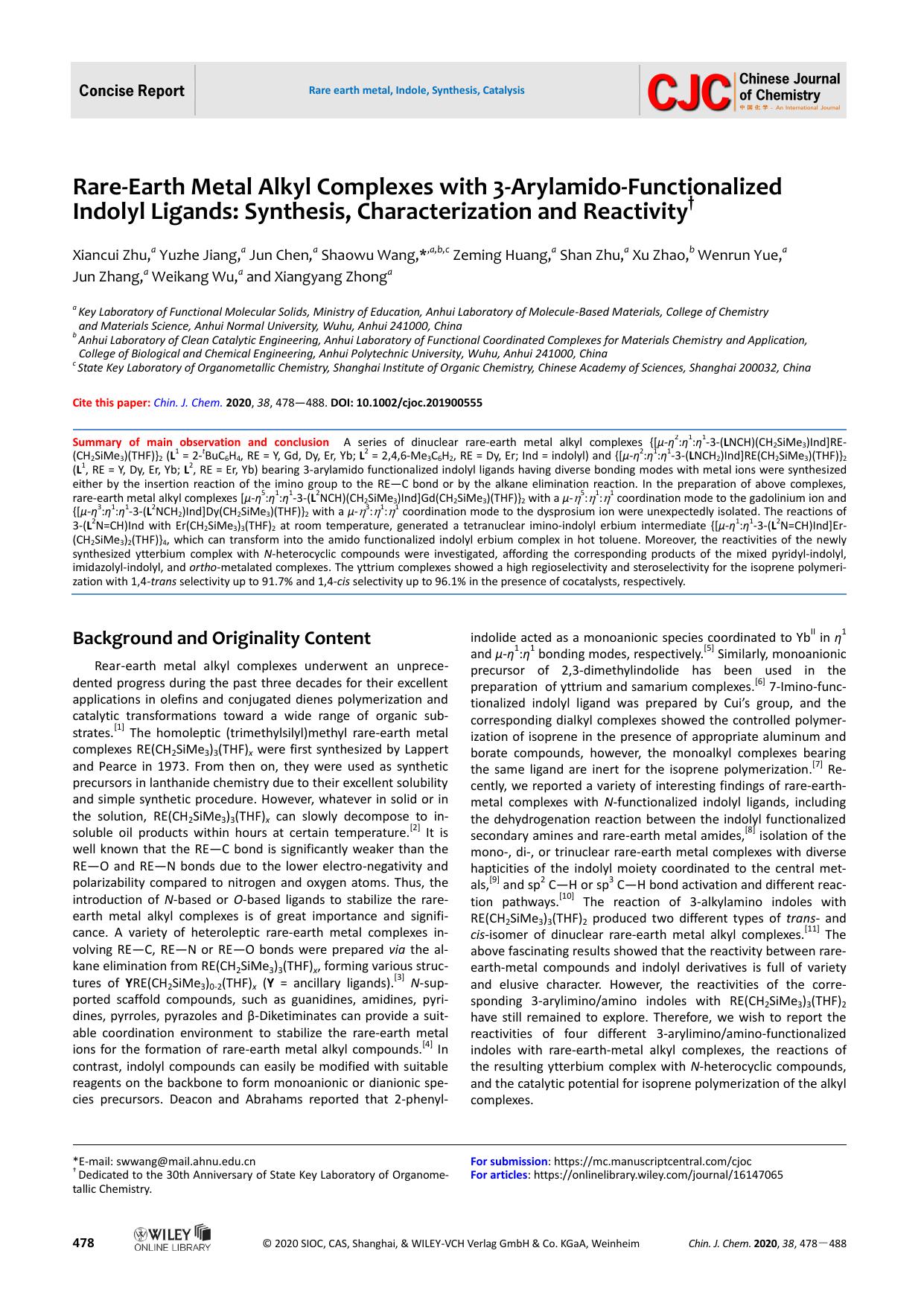 Rare-Earth Metal Alkyl Complexes with 3-Arylamido-Functionalized Indolyl Ligands: Synthesis, Characterization and Reactivity by grh