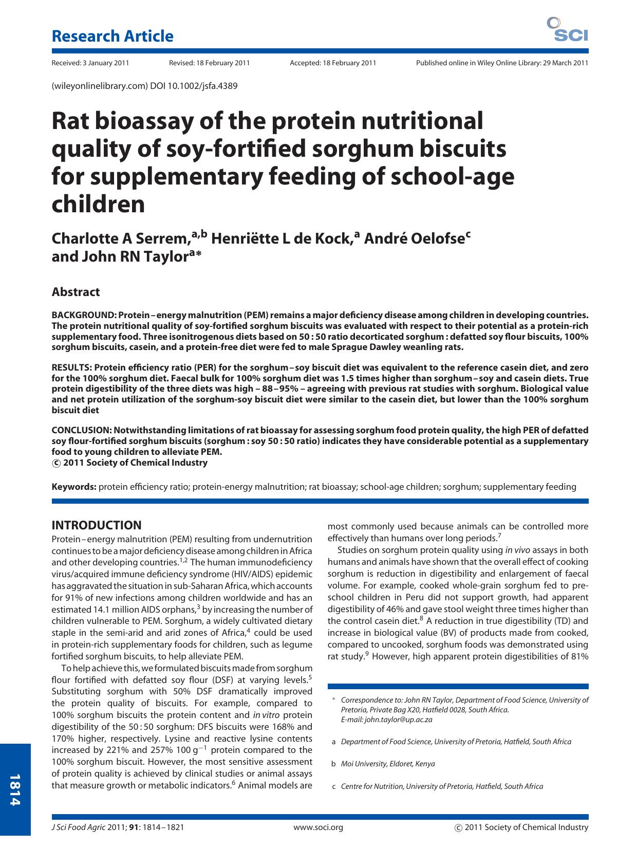 Rat bioassay of the protein nutritional quality of soyfortified sorghum biscuits for supplementary feeding of schoolage children by Unknown