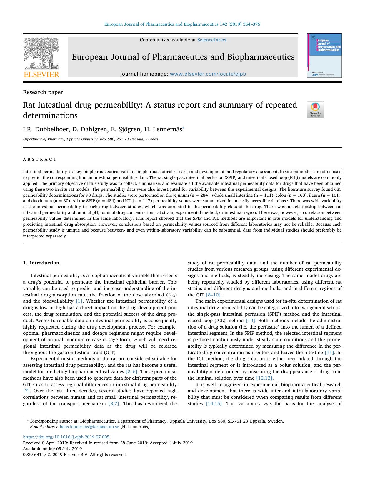 Rat intestinal drug permeability_ A status report and summary of repeated determinations by I.R. Dubbelboer & D. Dahlgren & E. Sjögren & H. Lennernäs
