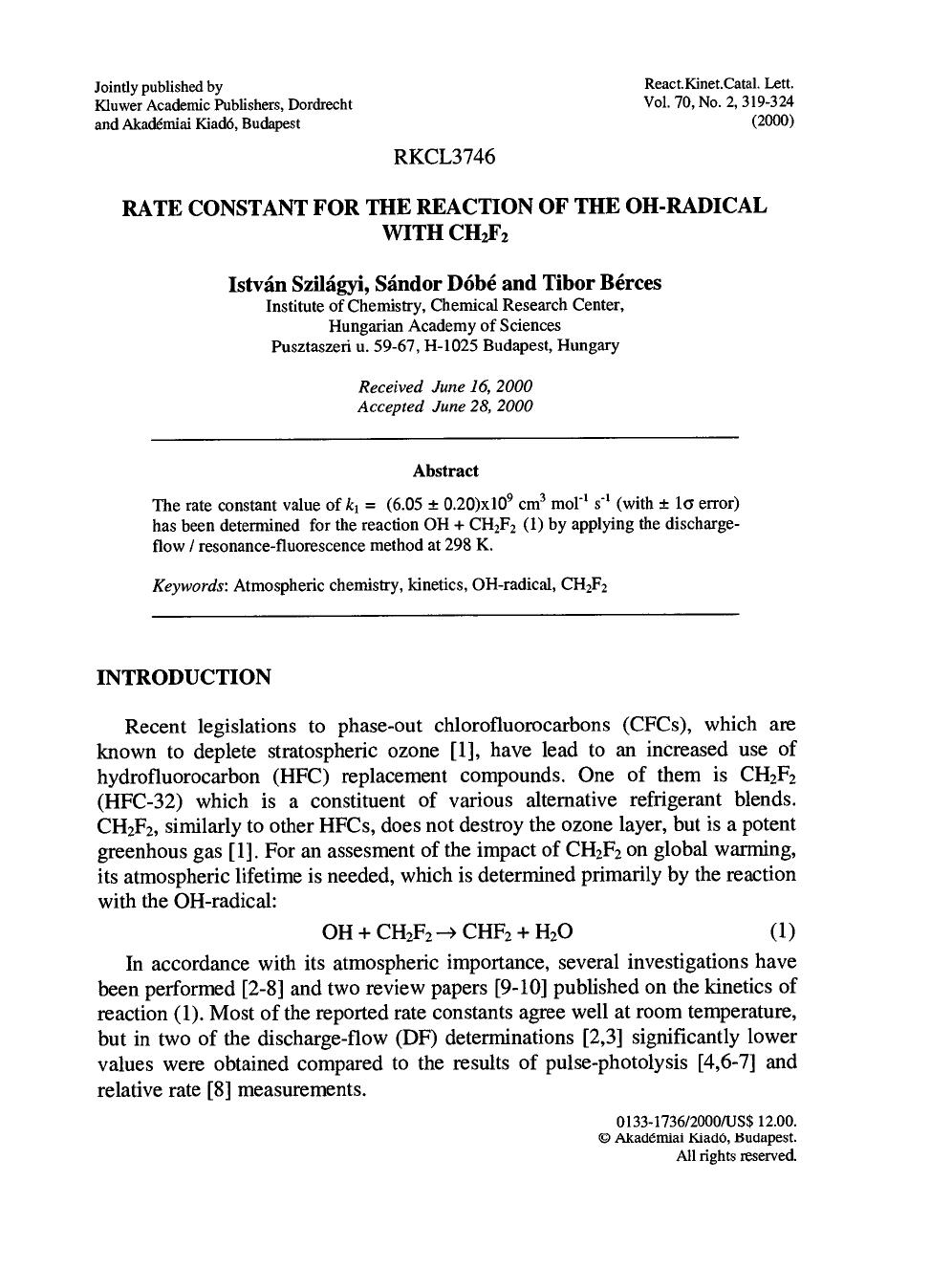 Rate Constant for the Reaction of the OH-Radical with CH2F2 by Unknown