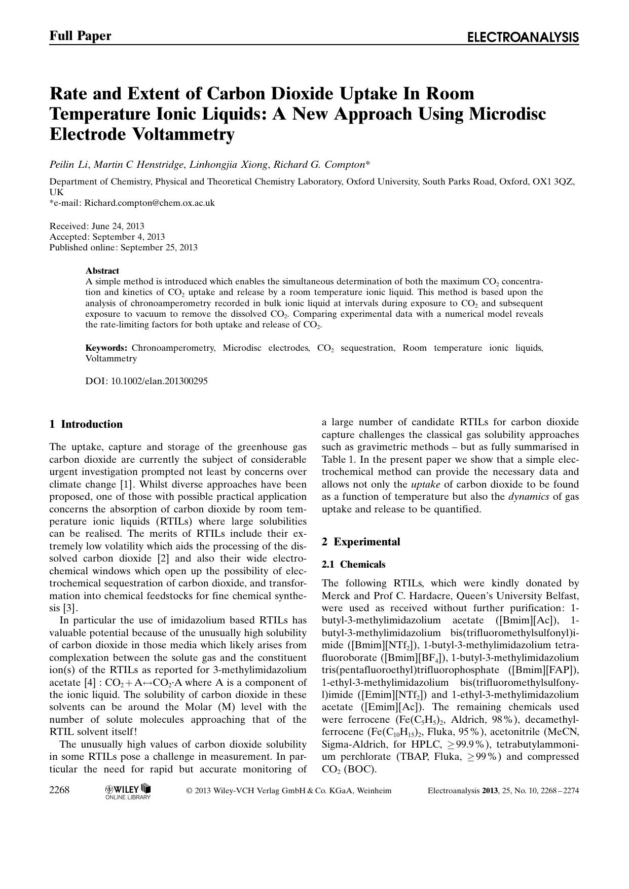 Rate and Extent of Carbon Dioxide Uptake In Room Temperature Ionic Liquids: A New Approach Using Microdisc Electrode Voltammetry by Unknown