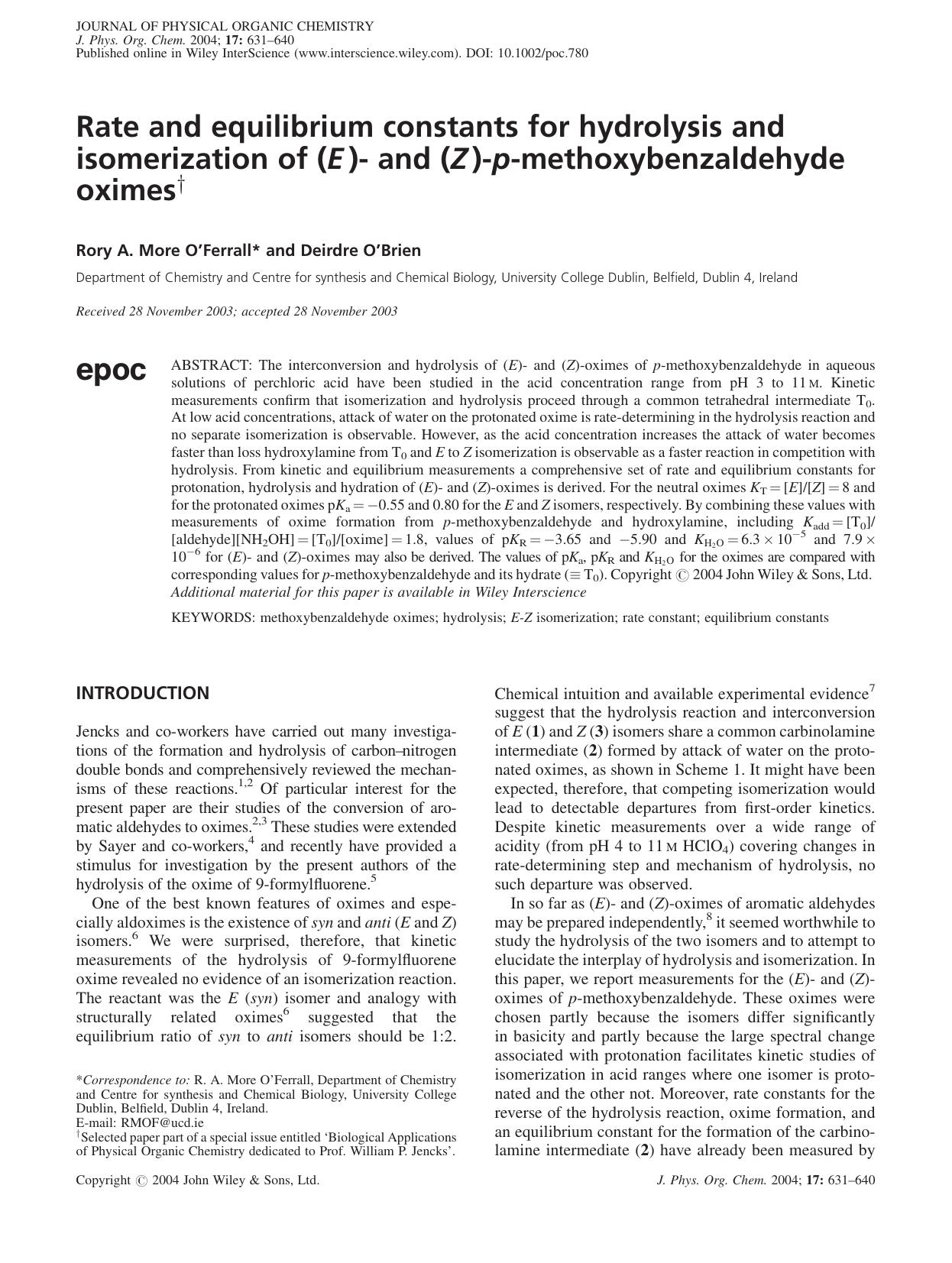 Rate and equilibrium constants for hydrolysis and isomerization of (E)- and (Z)-p-methoxybenzaldehyde oximes by Unknown