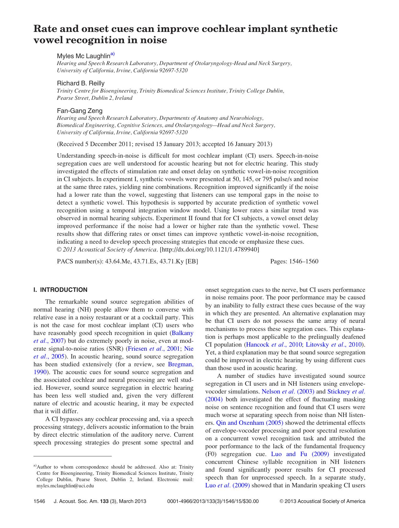 Rate and onset cues can improve cochlear implant synthetic vowel recognition in noise by Myles Mc Laughlina) Richard B. Reilly and Fan-Gang Zeng