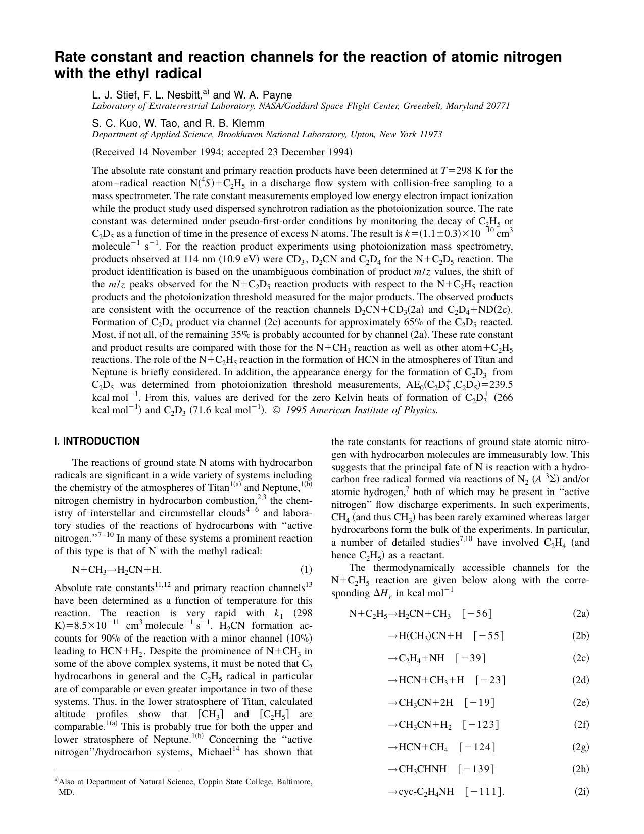 Rate constant and reaction channels for the reaction by L. J. Stief & F. L. Nesbitt & and W. A. Payne; S. C