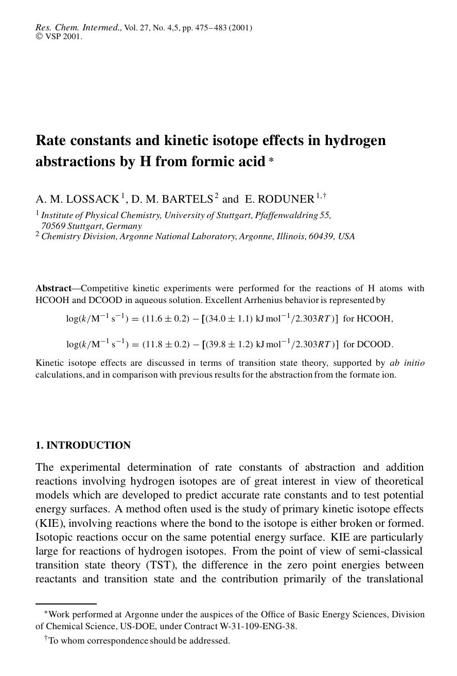 Rate constants and kinetic isotope effects in hydrogen abstractions by H from formic acid by Unknown