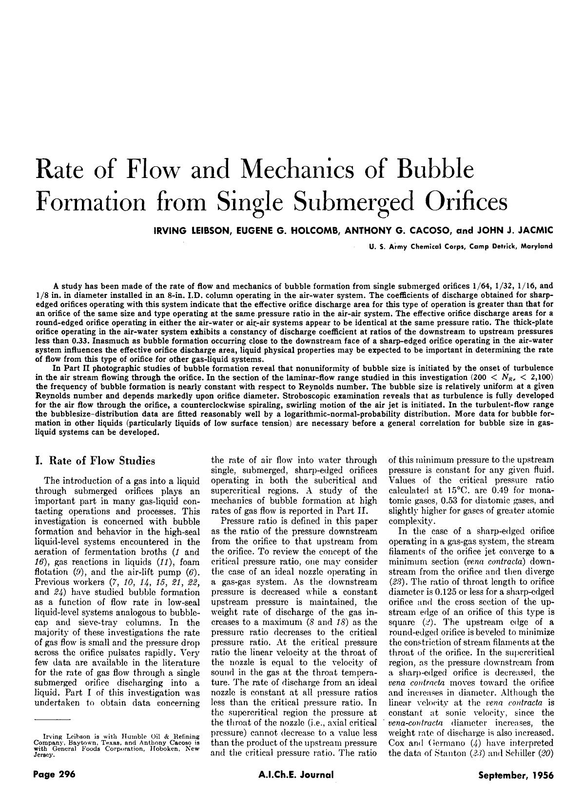 Rate of flow and mechanics of bubble formation from single submerged orifices. I. Rate of flow studies by Unknown