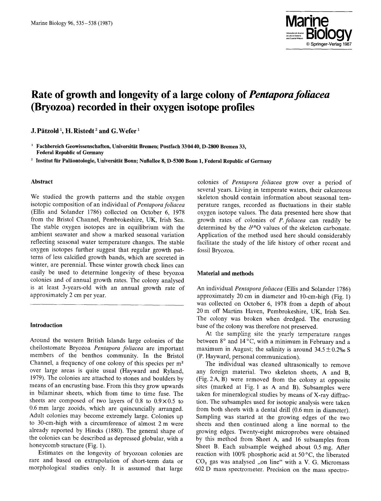 Rate of growth and longevity of a large colony of <Emphasis Type="Italic">Pentapora foliacea<Emphasis> (Bryozoa) recorded in their oxygen isotope profiles by Unknown