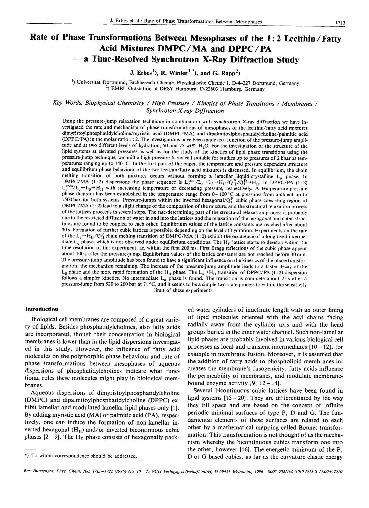 Rate of phase transformations between mesophases of the 1:2 lecithinfatty acid mixtures DMPCMA and DPPCPA - a time-resolved synchrotron X-ray diffraction study by Unknown