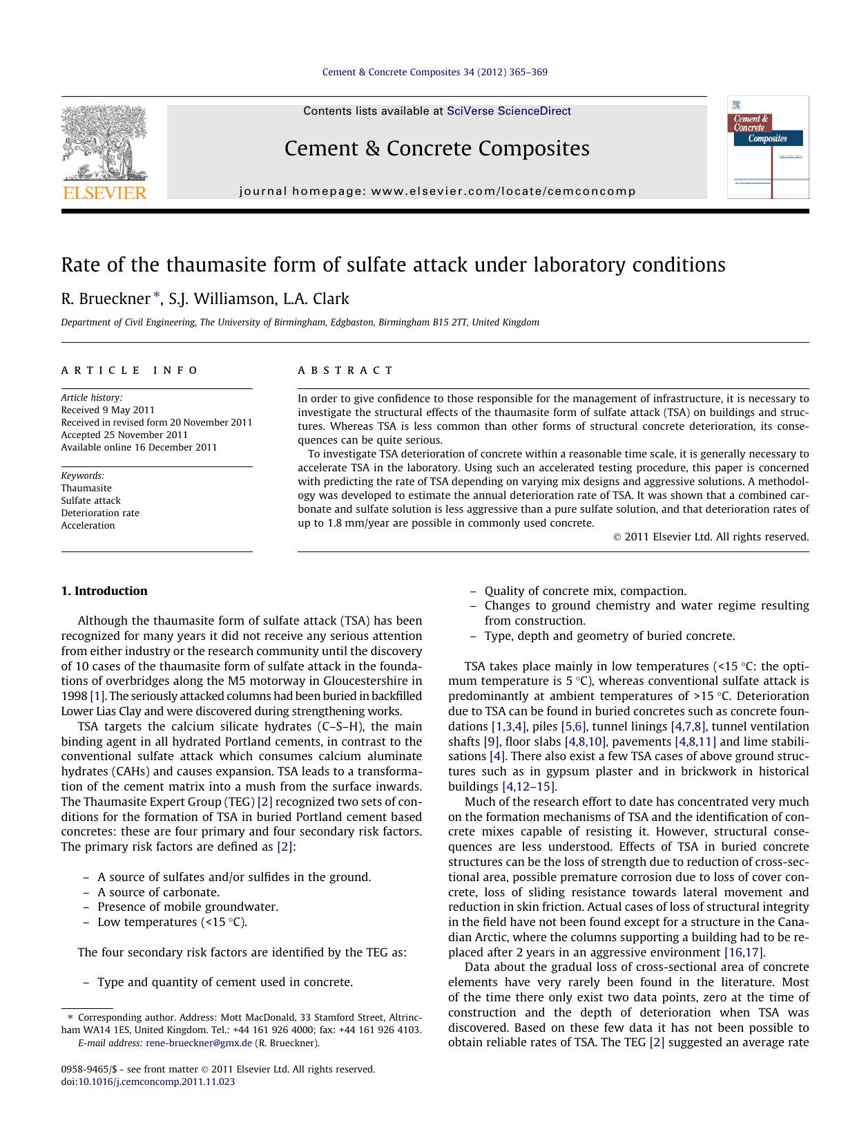 Rate of the thaumasite form of sulfate attack under laboratory conditions by R. Brueckner & S.J. Williamson & L.A. Clark
