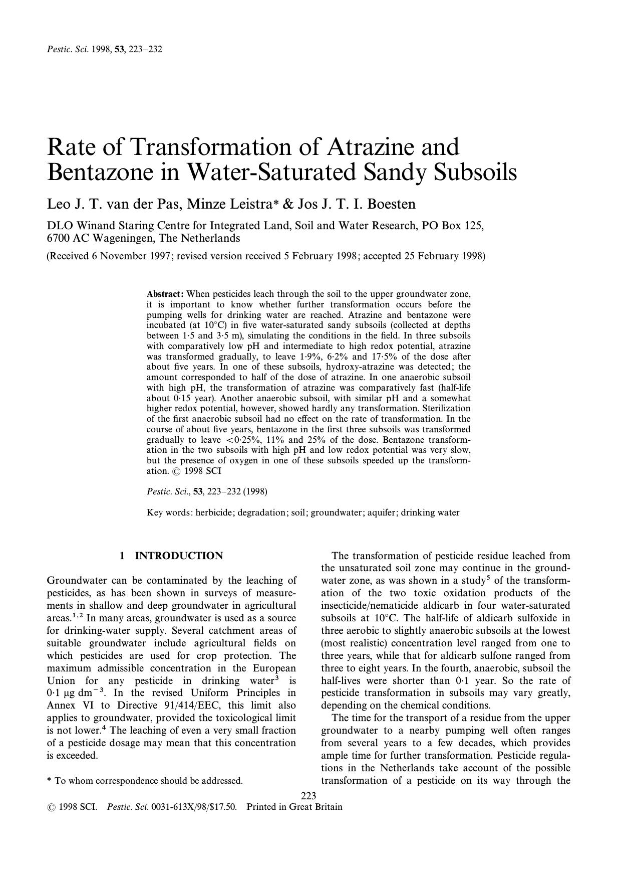 Rate of transformation of atrazine and bentazone in watersaturated sandy subsoils by van der Pas Leistra Boesten