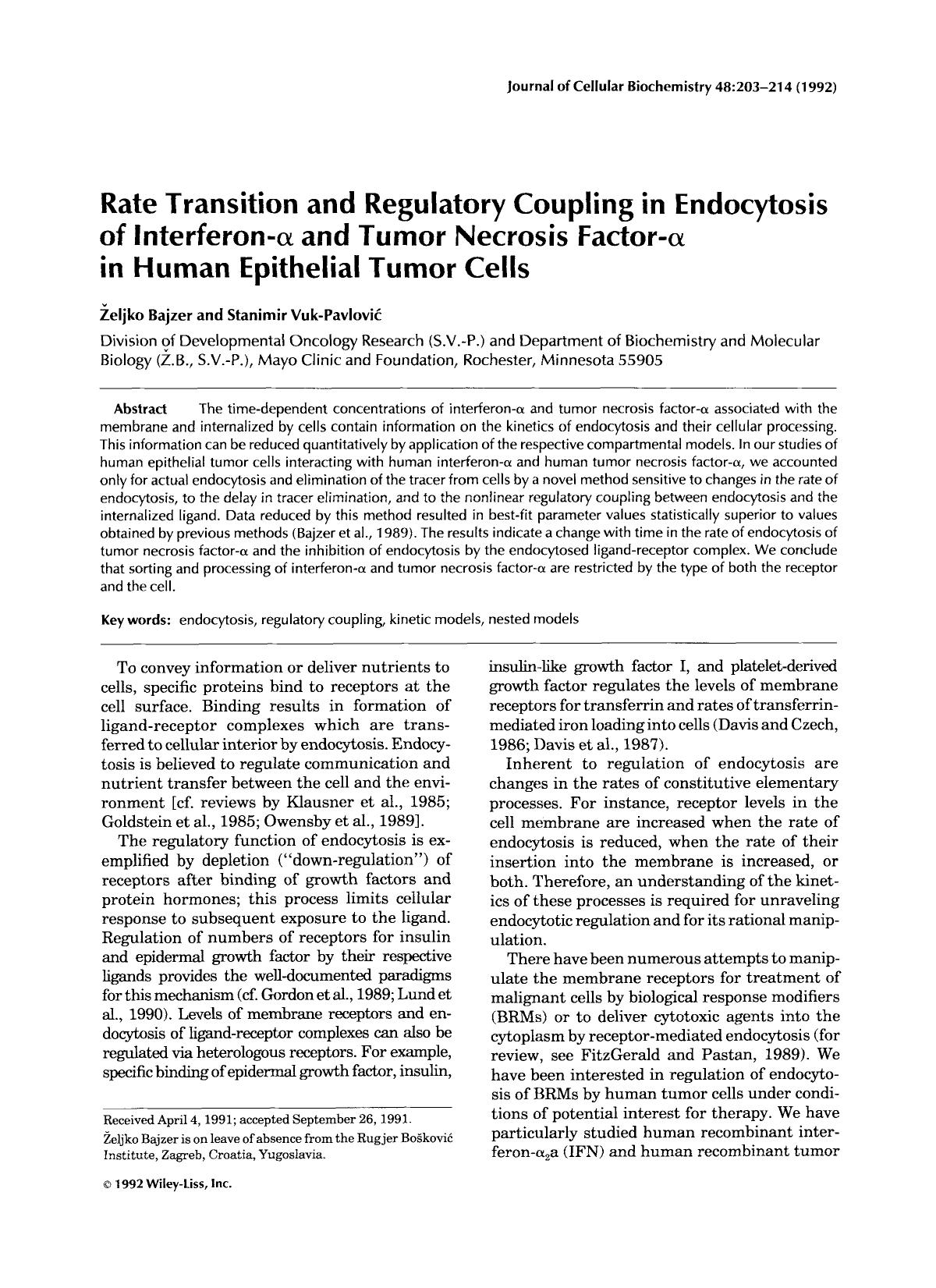 Rate transition and regulatory coupling in endocytosis of interferon-[alpha] and tumor necrosis factor-[alpha] in human epithelial tumor cells by Unknown