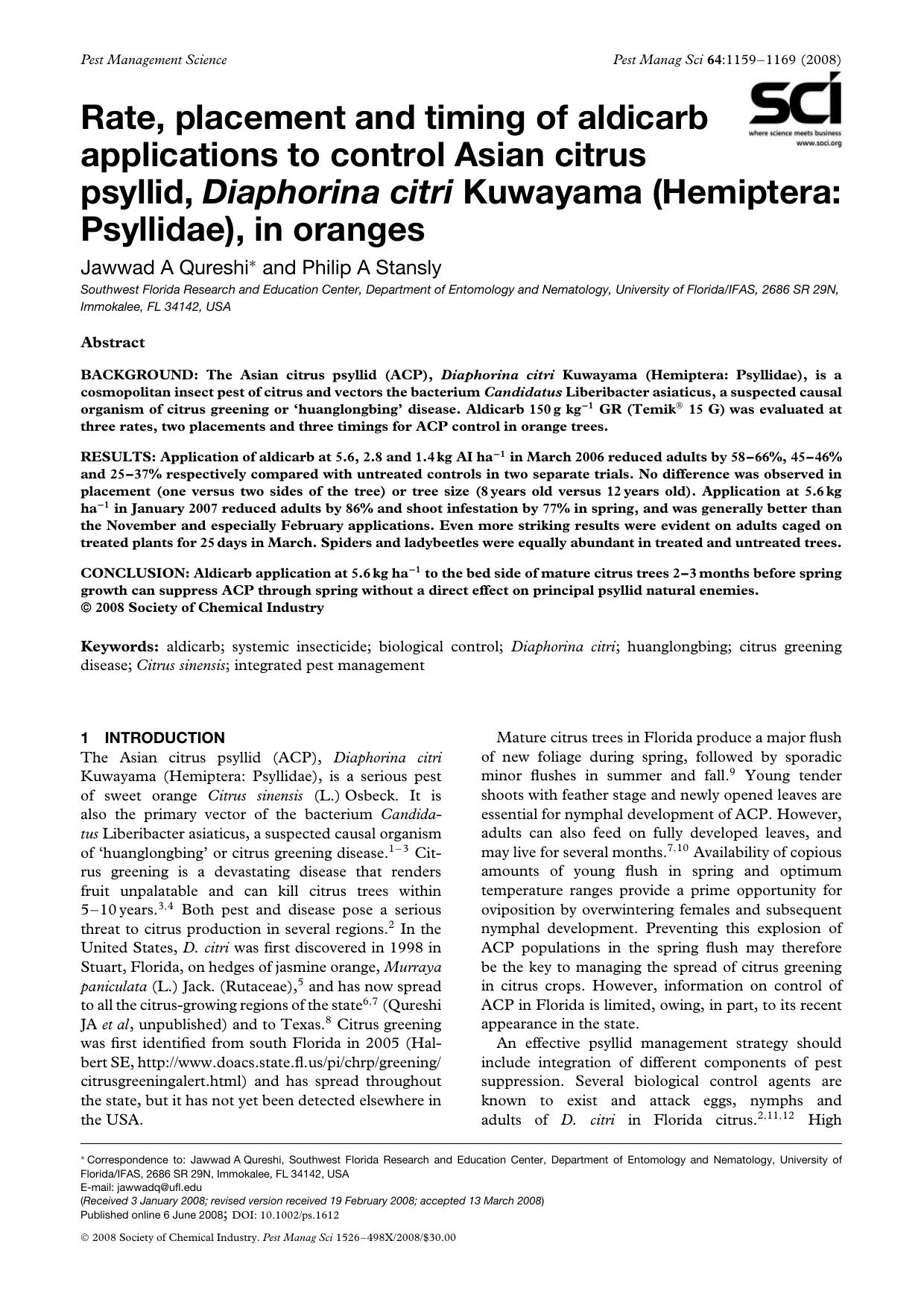 Rate, placement and timing of aldicarb applications to control Asian citrus psyllid, Diaphorina citri Kuwayama (Hemiptera: Psyllidae), in oranges by Unknown