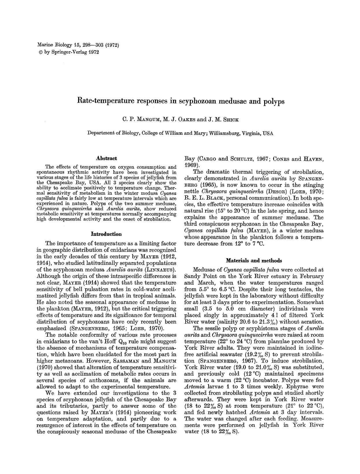 Rate-temperature responses in scyphozoan medusae and polyps by Unknown