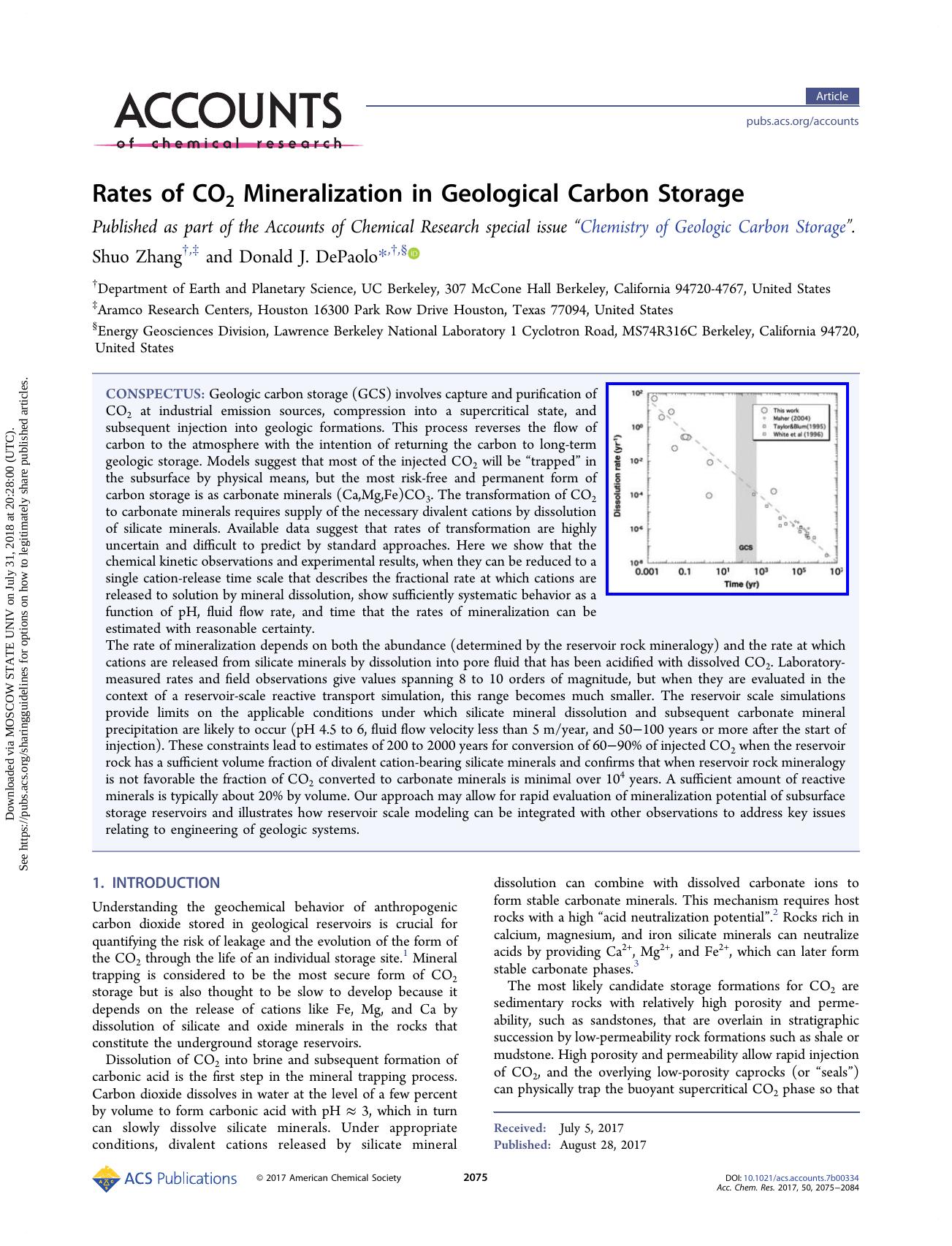 Rates of CO2 Mineralization in Geological Carbon Storage by Shuo Zhang & Donald J. DePaolo