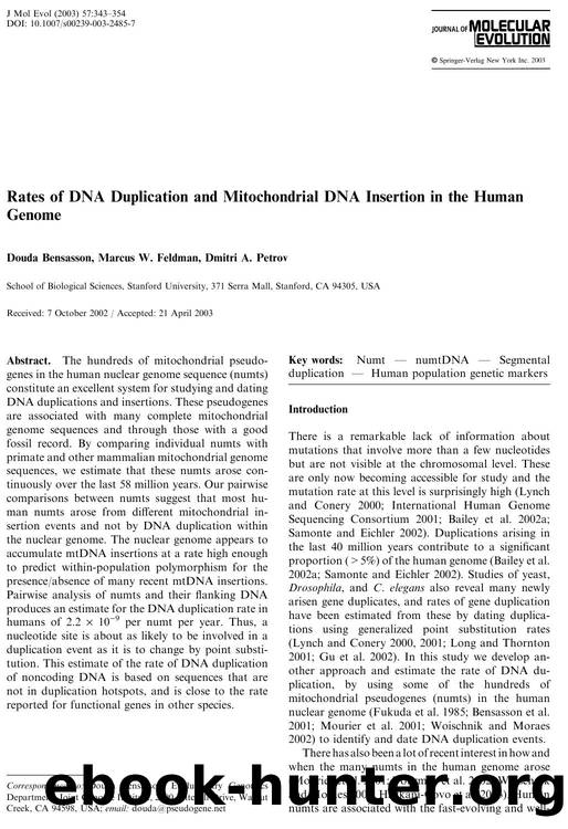 Rates of DNA Duplication and Mitochondrial DNA Insertion in the Human Genome by Bensasson D. et al