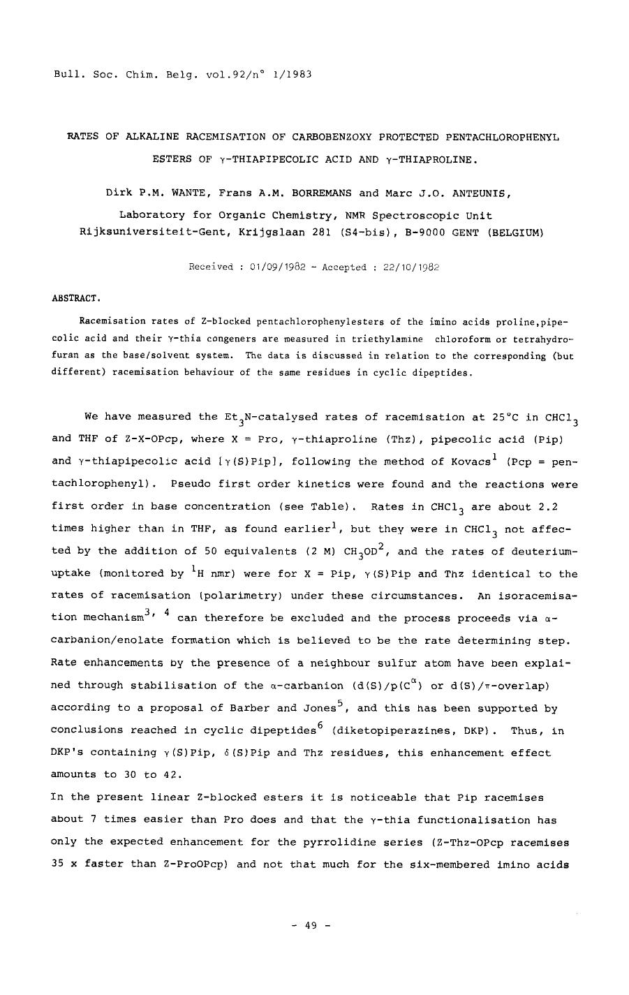 Rates of alkaline racemisation of carbobenzoxy protected pentachlorophenyl esters of Thiapipecolic acid and thiaproline by Unknown
