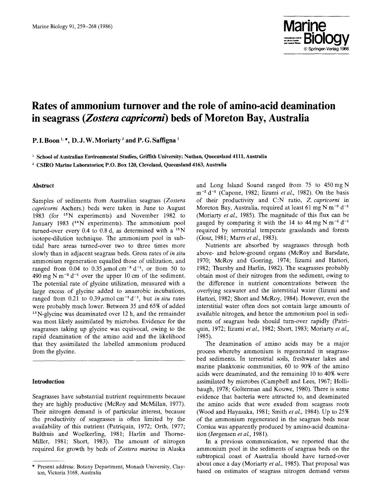 Rates of ammonium turnover and the role of amino-acid deamination in seagrass ( <Emphasis Type="Italic">Zostera capricorni <Emphasis>) beds of Moreton Bay, Australia by Unknown
