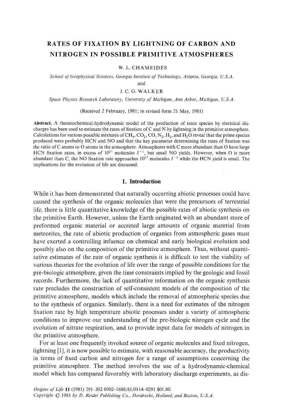 Rates of fixation by lightning of carbon and nitrogen in possible primitive atmospheres by Unknown