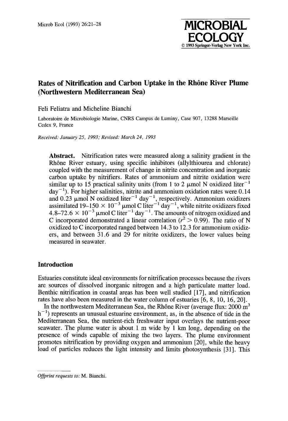 Rates of nitrification and carbon uptake in the Rhône River plume (northwestern Mediterranean Sea) by Unknown