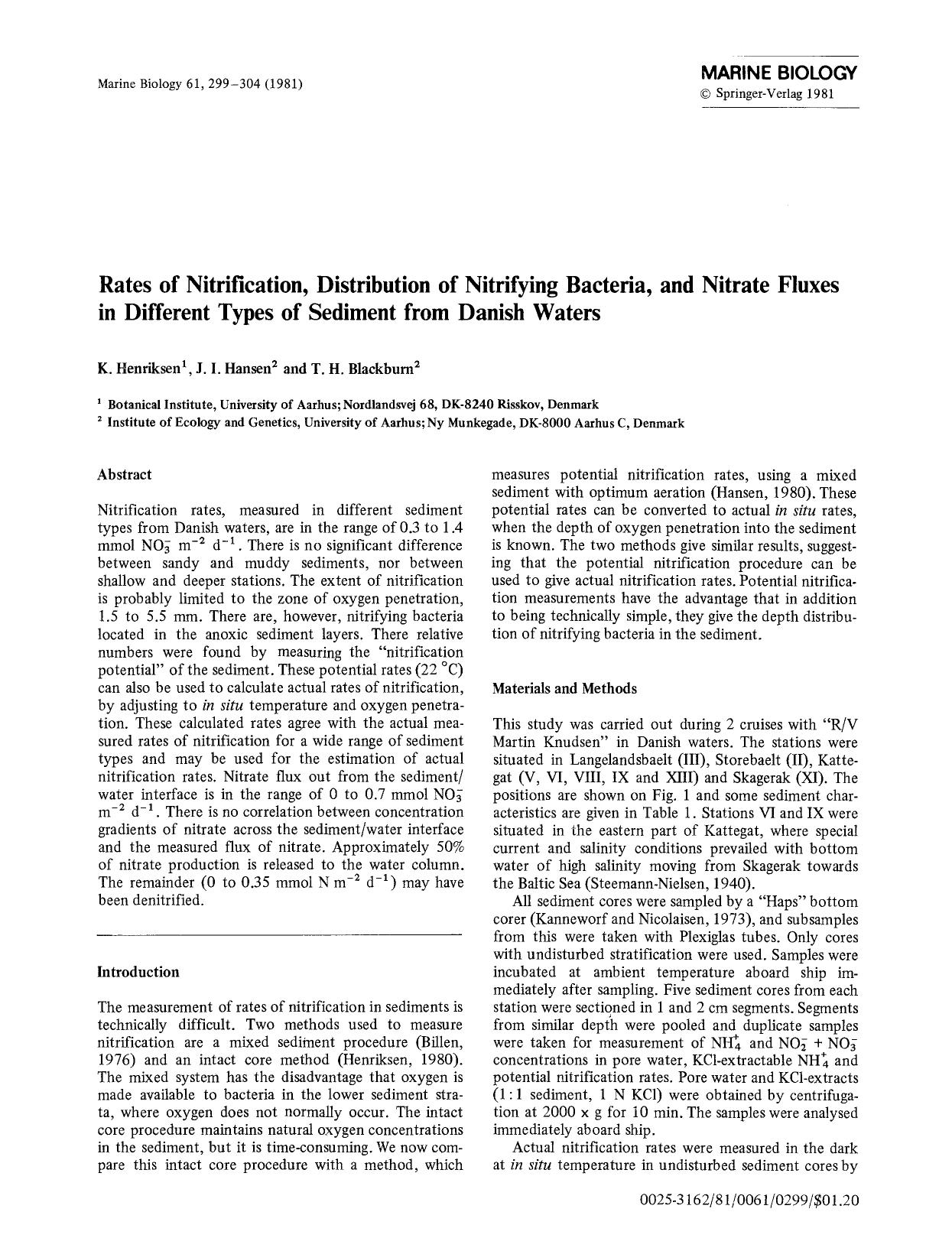 Rates of nitrification, distribution of nitrifying bacteria, and nitrate fluxes in different types of sediment from Danish waters by Unknown