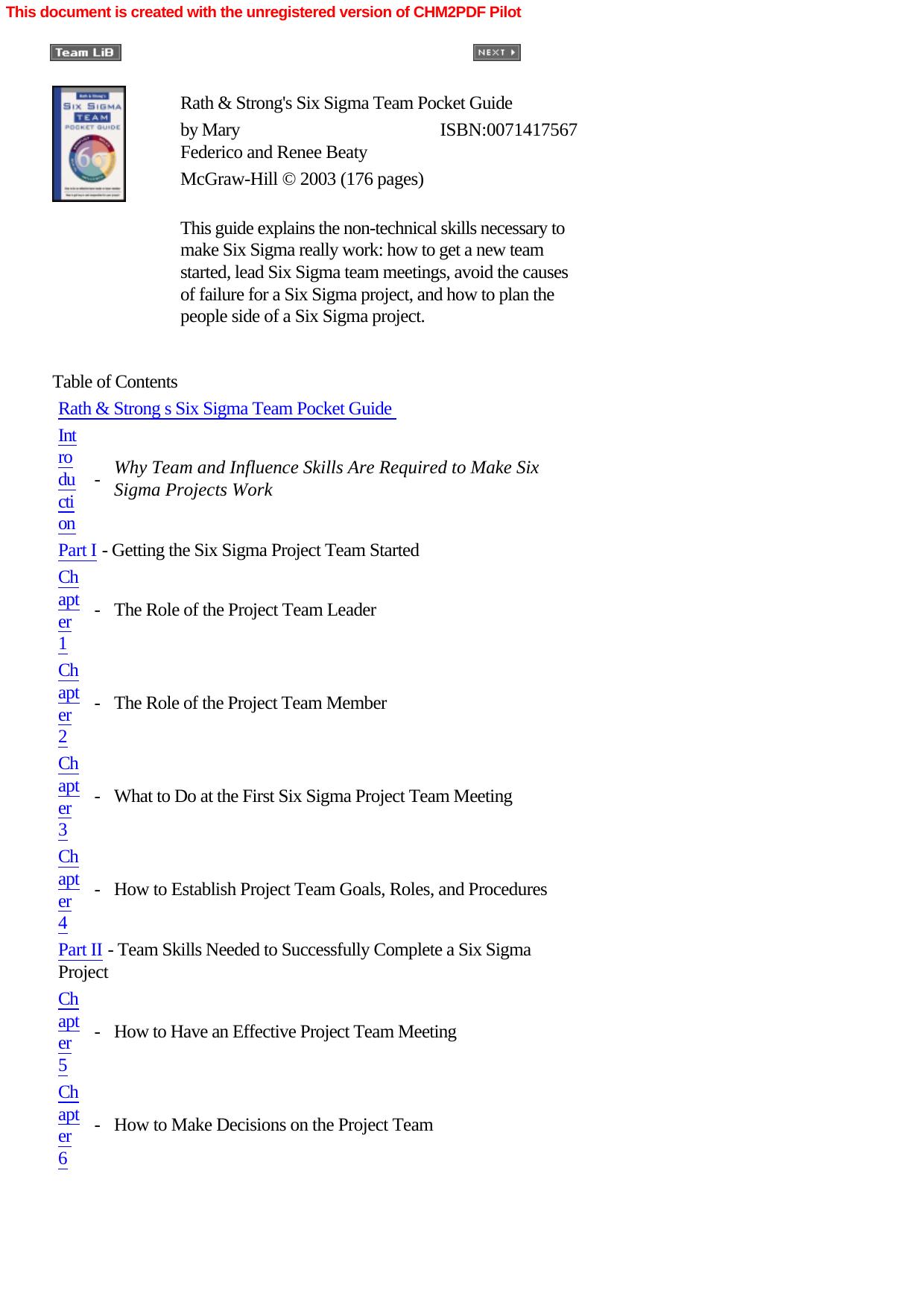 Rath & Strong's Six Sigma team pocket guide by Beaty Renee; Federico Mary