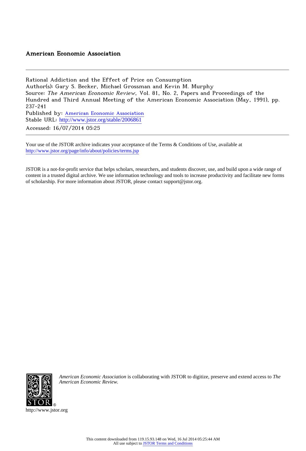Rational Addiction and the Effect of Price on Consumption by Rational Addiction & the Effect of Price on Consumption
