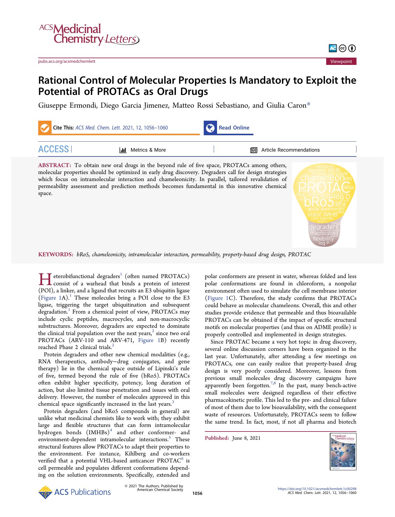 Rational Control of Molecular Properties Is Mandatory to Exploit the Potential of PROTACs as Oral Drugs by Giuseppe Ermondi Diego Garcia Jimenez Matteo Rossi Sebastiano and Giulia Caron