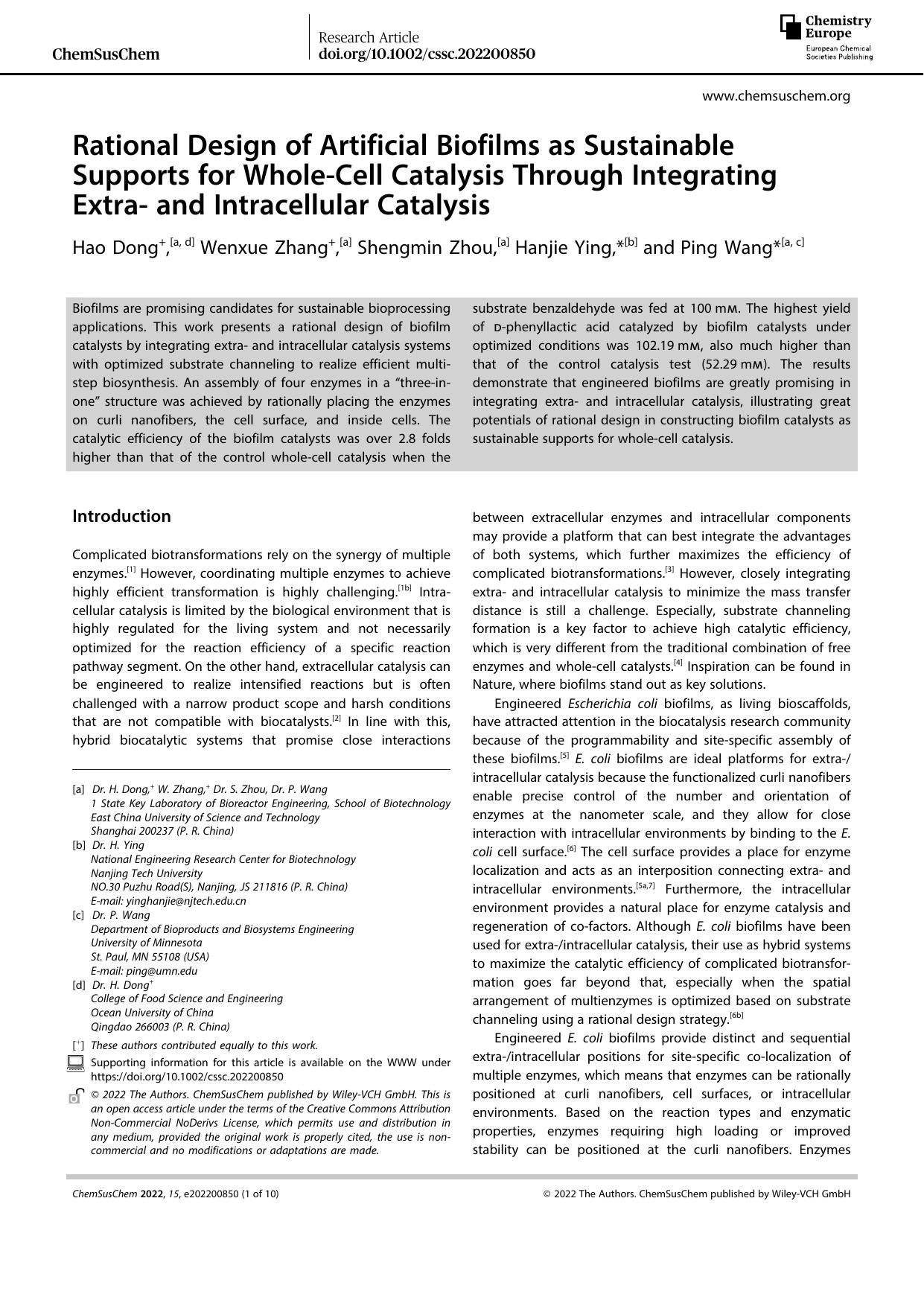 Rational Design of Artificial Biofilms as Sustainable Supports for WholeâCell Catalysis Through Integrating Extraâ and Intracellular Catalysis by Unknown