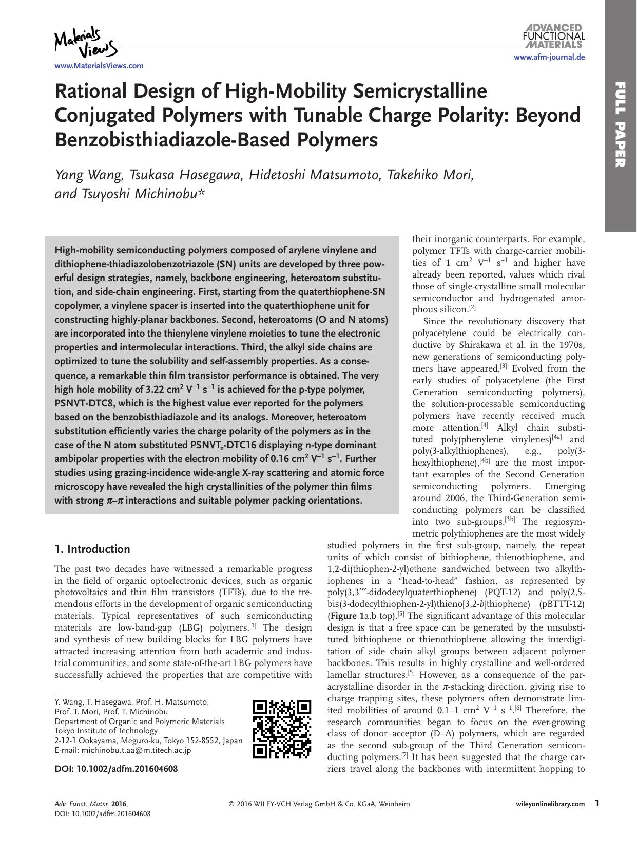 Rational Design of High&#x02010;Mobility Semicrystalline Conjugated Polymers with Tunable Charge Polarity: Beyond Benzobisthiadiazole&#x02010;Based Polymers by Unknown