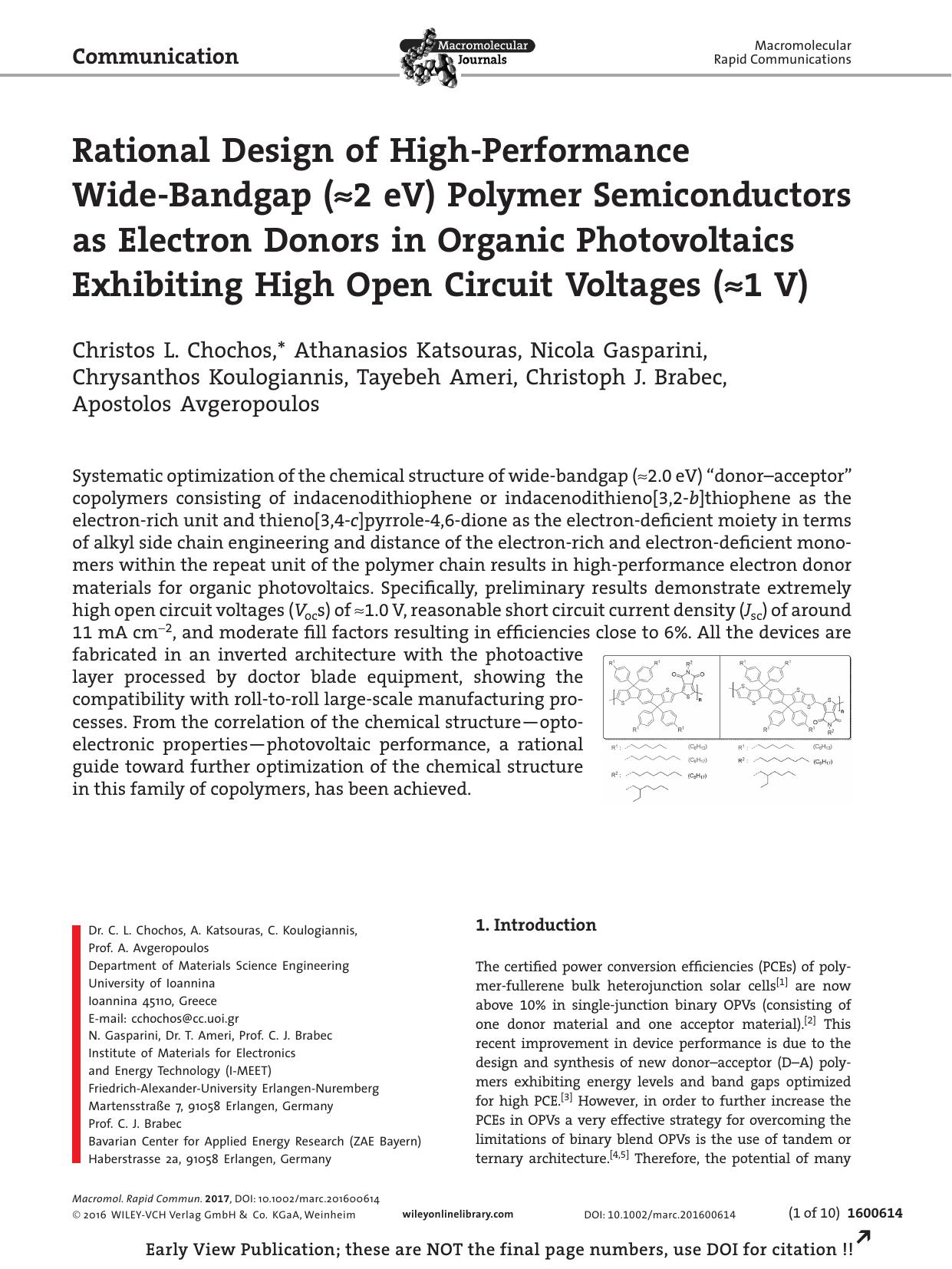 Rational Design of High‐Performance Wide‐Bandgap (≈2 eV) Polymer Semiconductors as Electron Donors in Organic Photovoltaics Exhibiting High Open Circuit Voltages (≈1 V) by Unknown