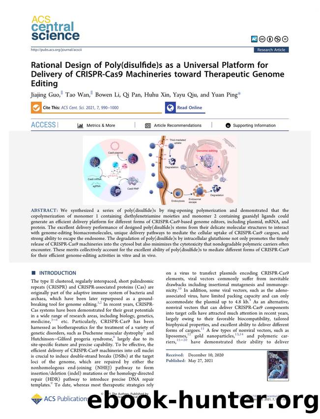 Rational Design of Poly(disulfide)s as a Universal Platform for Delivery of CRISPR-Cas9 Machineries toward Therapeutic Genome Editing by unknow