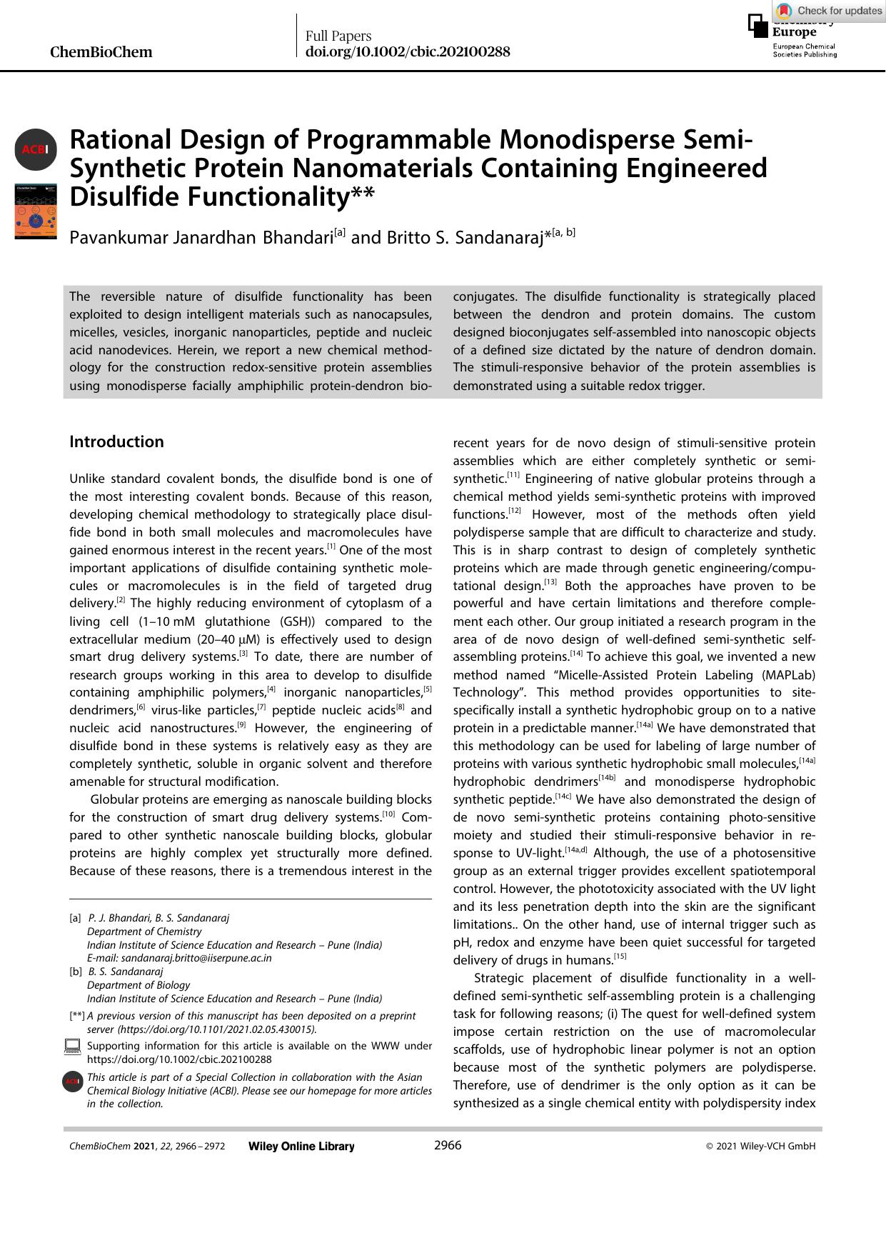Rational Design of Programmable Monodisperse SemiâSynthetic Protein Nanomaterials Containing Engineered Disulfide Functionality** by Unknown