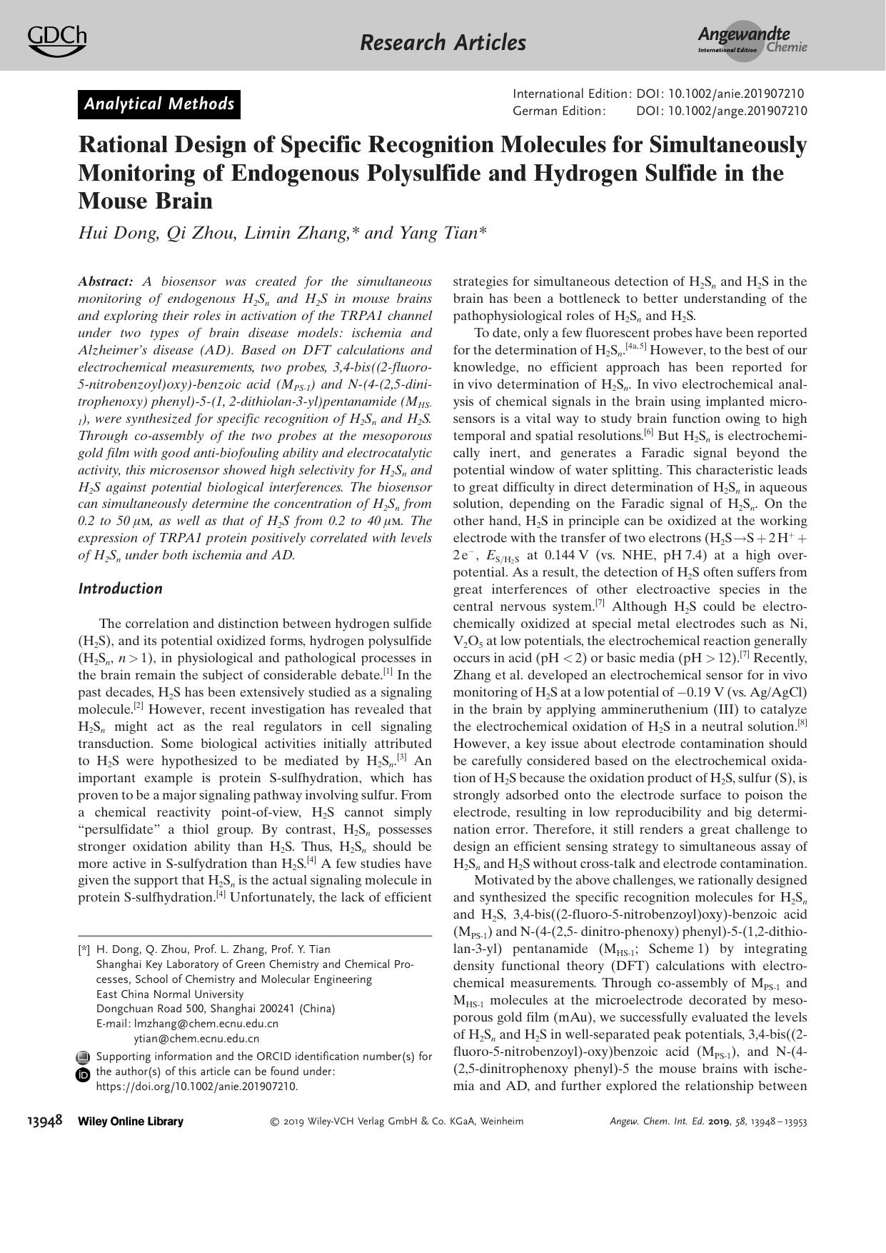 Rational Design of Specific Recognition Molecules for Simultaneously Monitoring of Endogenous Polysulfide and Hydrogen Sulfide in the Mouse Brain by Unknown