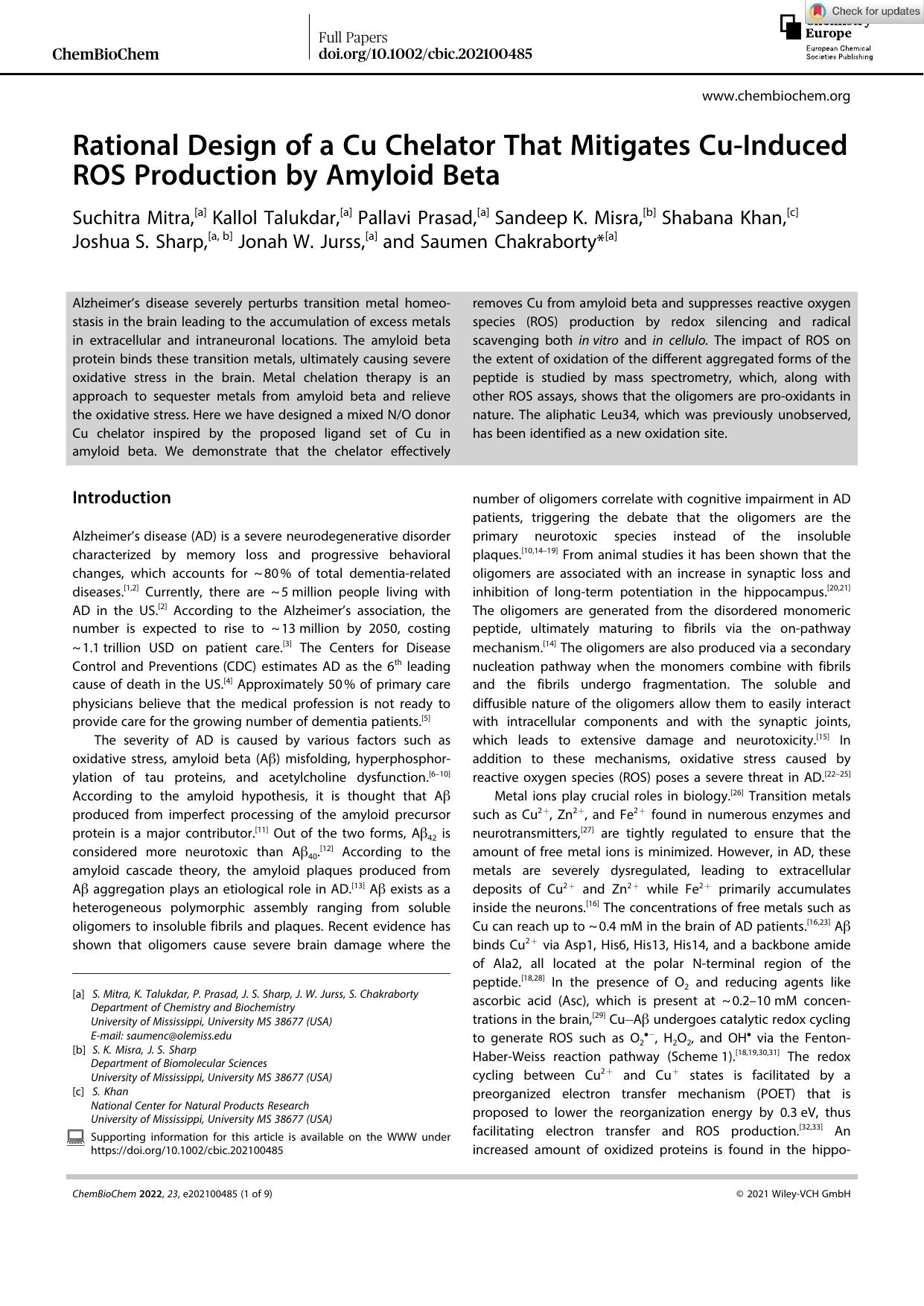 Rational Design of a Cu Chelator That Mitigates CuâInduced ROS Production by Amyloid Beta by Unknown