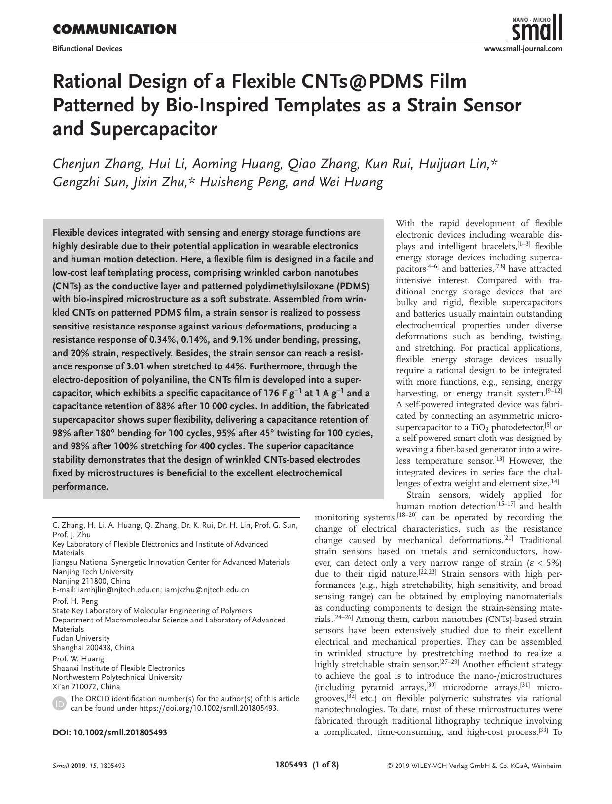 Rational Design of a Flexible CNTs@PDMS Film Patterned by Bio‐Inspired Templates as a Strain Sensor and Supercapacitor by Unknown