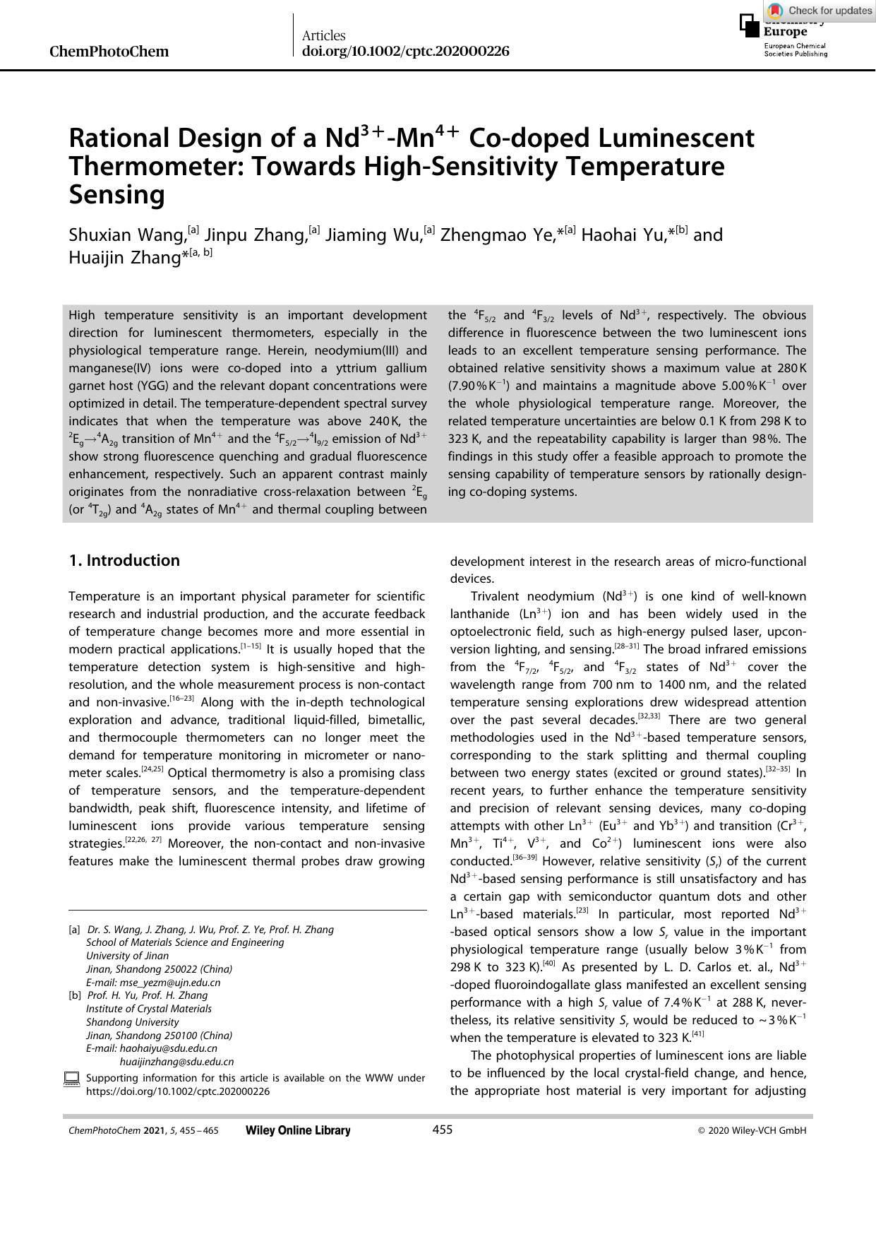 Rational Design of a Nd3+âMn4+ Coâdoped Luminescent Thermometer: Towards HighâSensitivity Temperature Sensing by Unknown