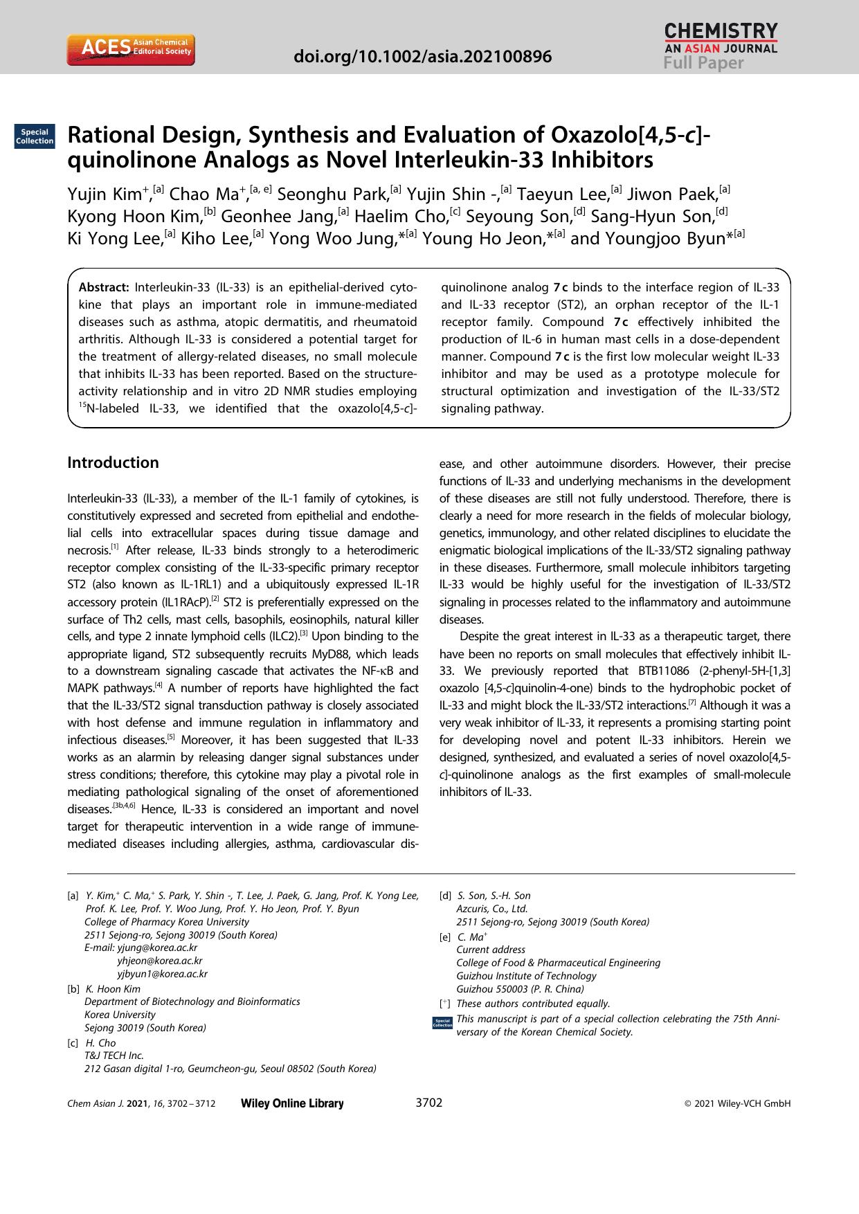 Rational Design, Synthesis and Evaluation of Oxazolo[4,5âc]âquinolinone Analogs as Novel Interleukinâ33 Inhibitors by Unknown