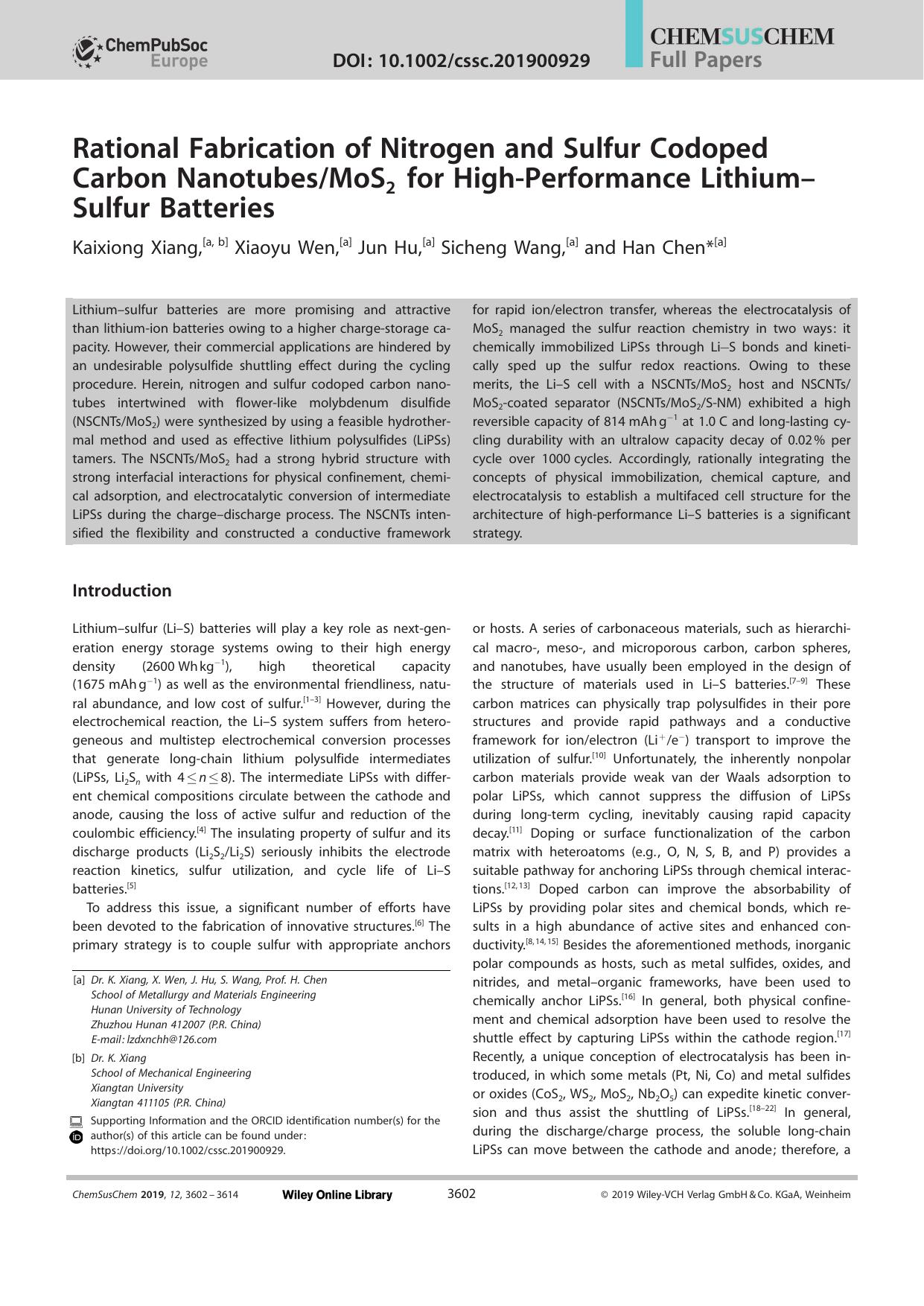 Rational Fabrication of Nitrogen and Sulfur Codoped Carbon NanotubesMoS2 for HighâPerformance LithiumâSulfur Batteries by Unknown