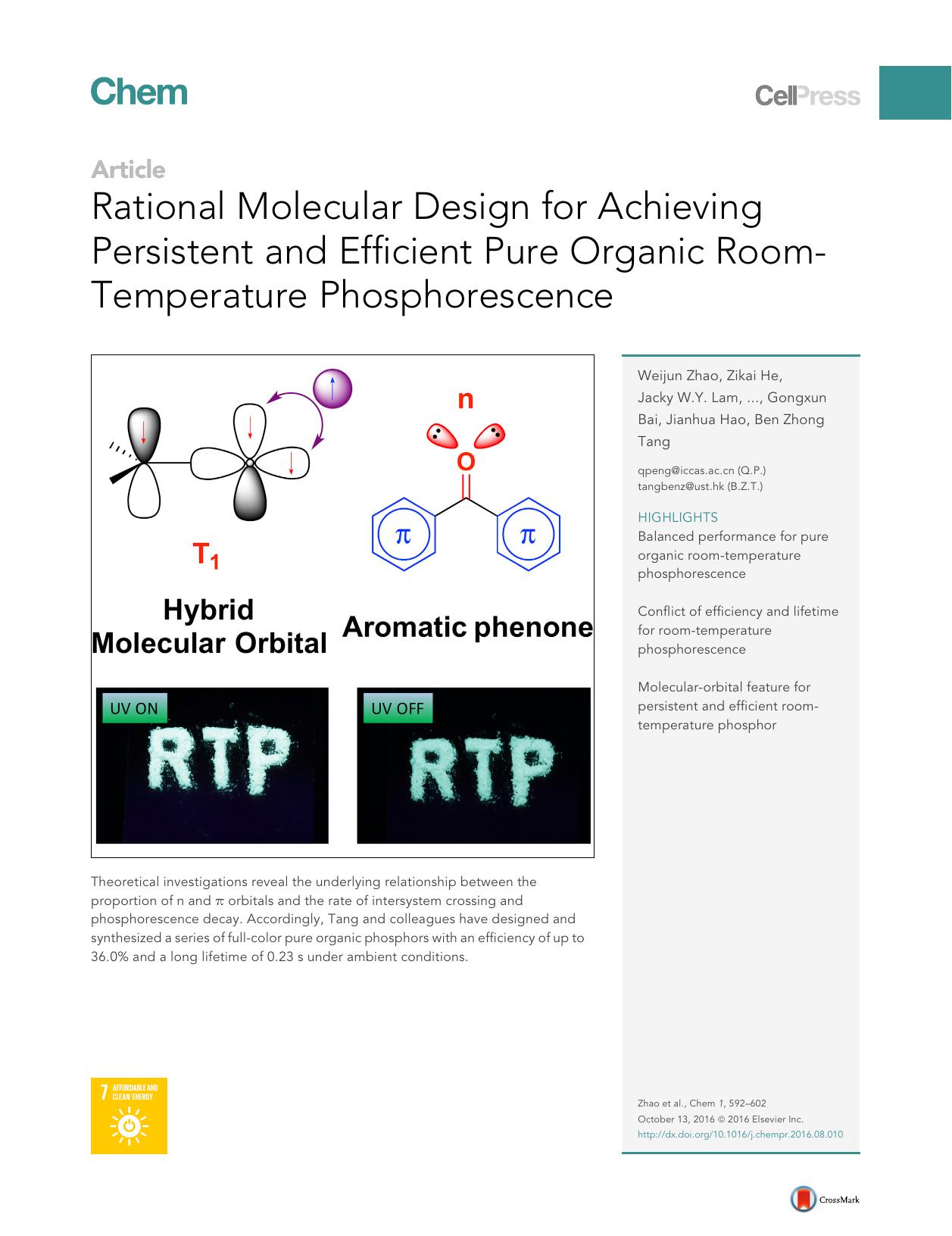 Rational Molecular Design for Achieving Persistent and Efficient Pure Organic Room-Temperature Phosphorescence by unknow