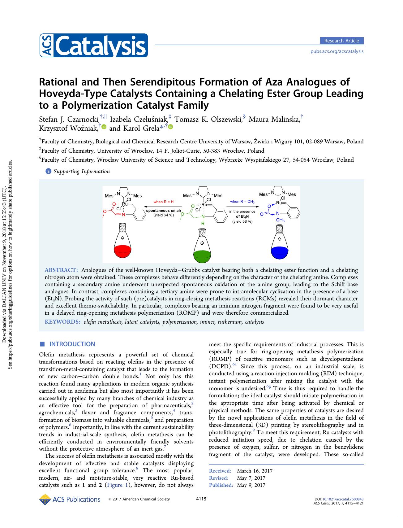 Rational and Then Serendipitous Formation of Aza Analogues of Hoveyda-Type Catalysts Containing a Chelating Ester Group Leading to a Polymerization Catalyst Family by unknow